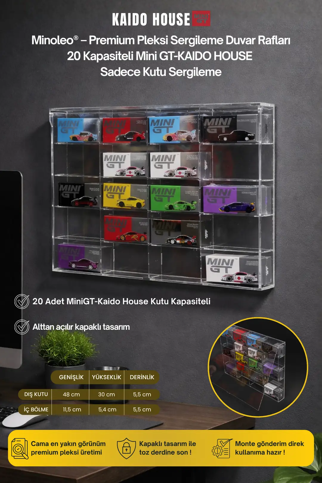 20’li Kapaklı Pleksi Duvar Rafı – Mini GT / Kaido House Kutu Sergileme – Premium Raf
