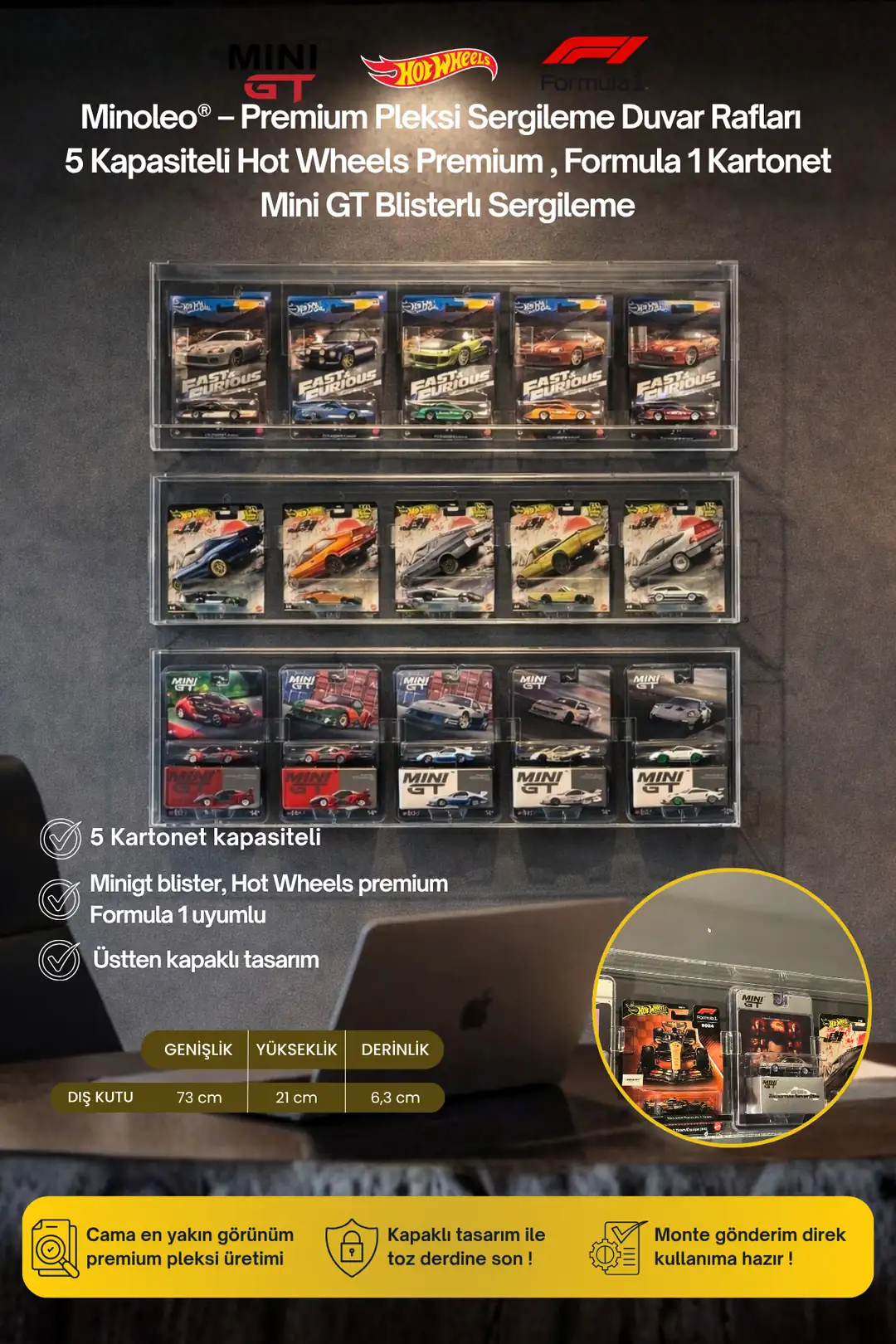 5’li Kapaklı Pleksi Duvar Rafı – Mini GT / Formula Kartonetli Uyumlu – Premium Sergileme Rafı