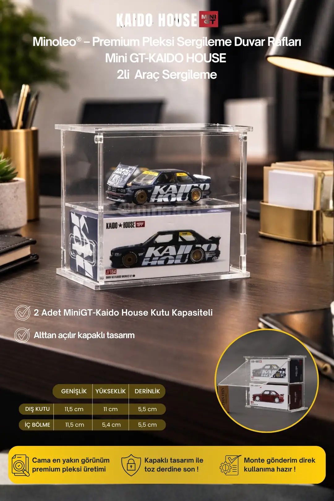 2’li Kapaklı Pleksi Rafı – Mini GT / Kaido House Araç + Kutu Sergileme – Premium Sergileme Rafı