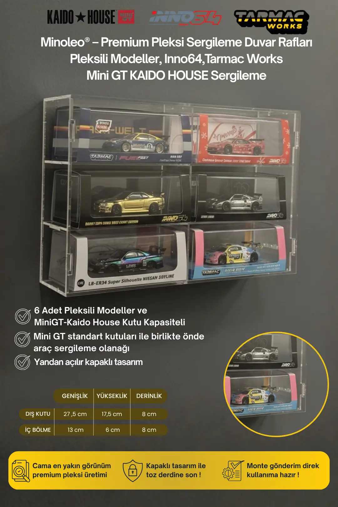 6’lı Kapaklı Pleksi Duvar Rafı – İnno Tarmac / Mini GT / Kaido House Kutu Uyumlu – Premium Sergileme Rafı