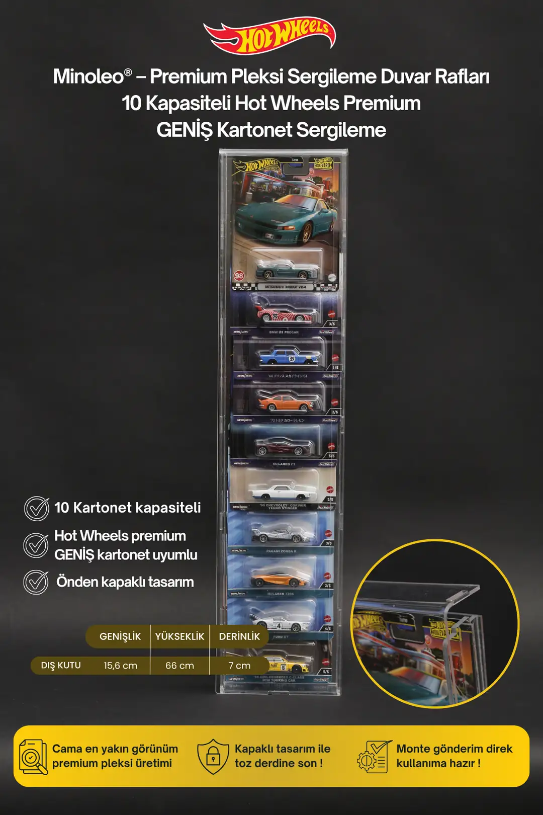 10’lu Kapaklı Pleksi Duvar Rafı – Hot Wheels Premium Geniş Kartonetli Uyumlu – Premium Sergileme Rafı