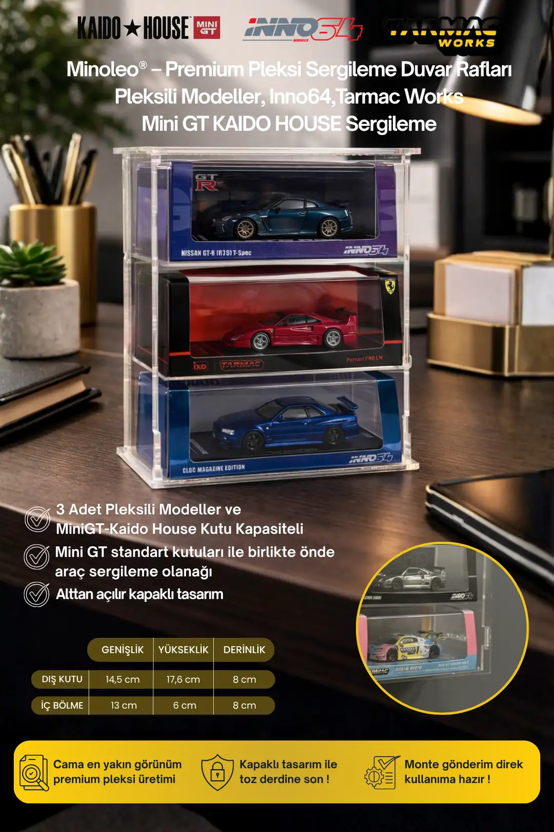 3’lü Kapaklı Pleksi Duvar Rafı – İnno Tarmac / Mini GT / Kaido House Kutu Uyumlu – Premium Sergileme Rafı
