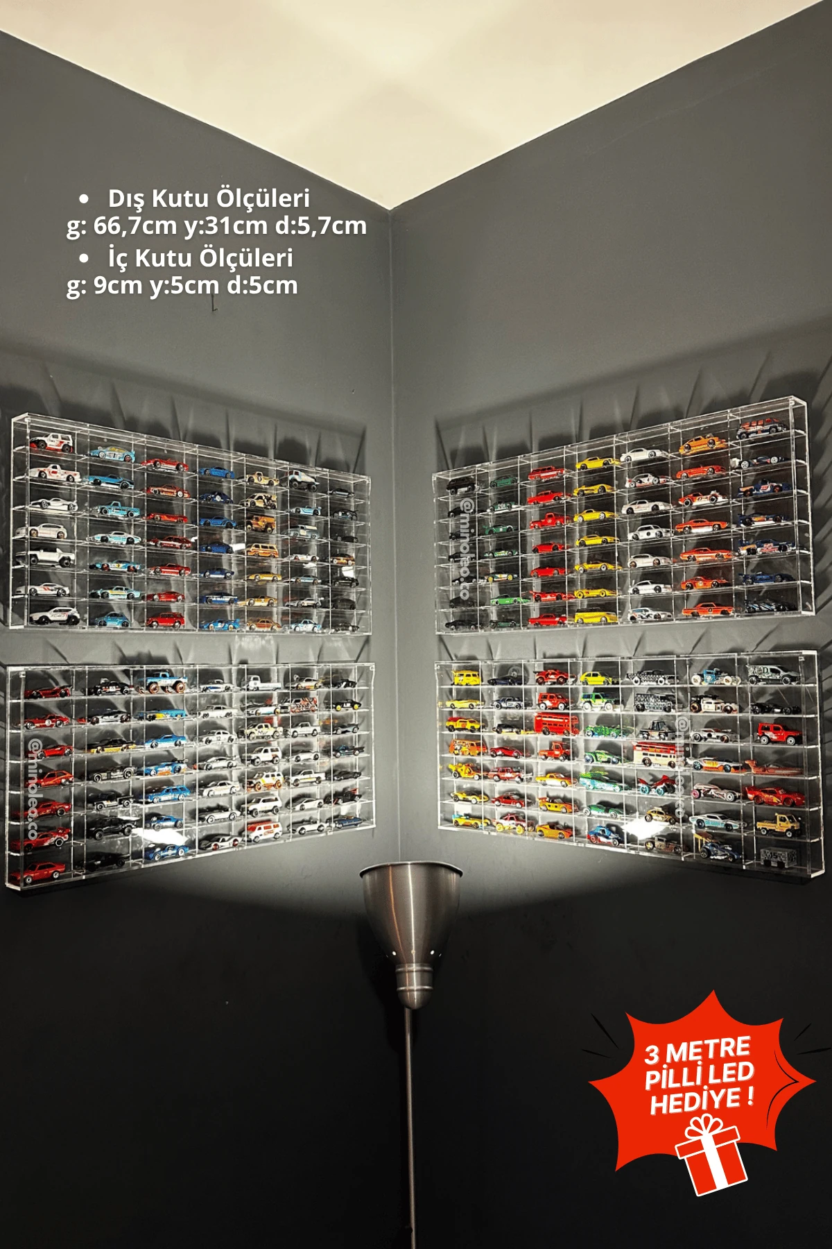 HOT WHEELS  PLEKSİ KAPAKLI DUVAR ARABA RAFI – MİNOLEO 49’LUK ORİJİNAL PREMIUM SERİ (5MM ÇERÇEVELİ) Led Hediyeli 