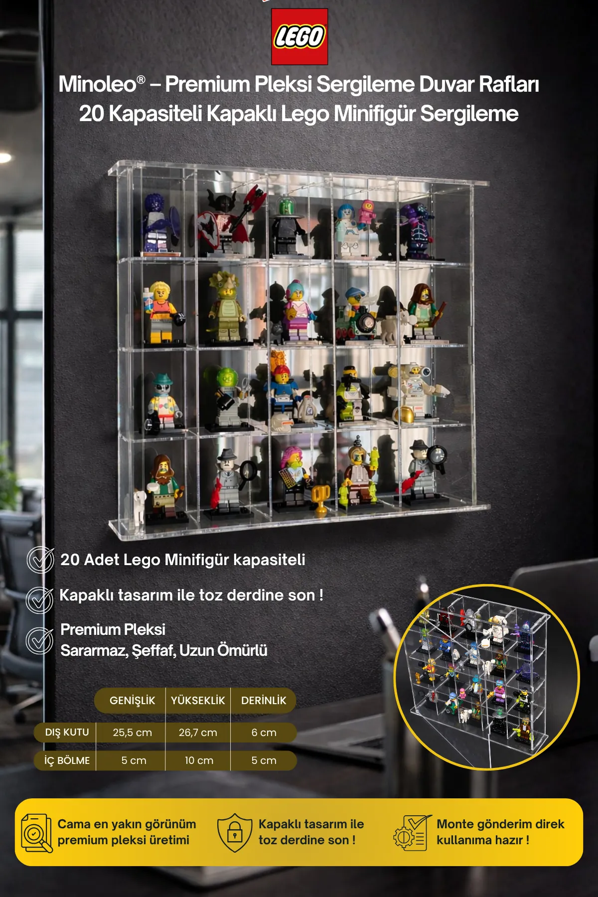 Kapaklı Pleksi Minifigür Yapı Oyuncakları Sergileme Rafı