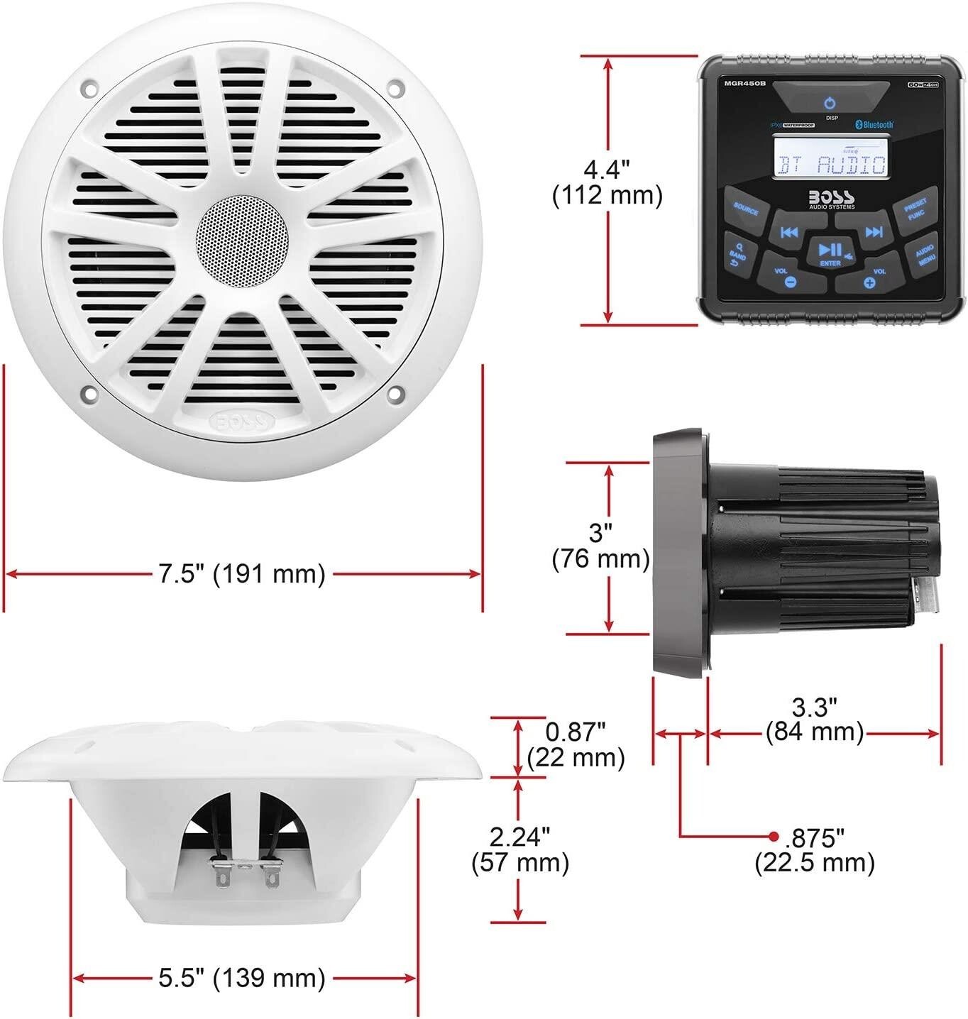 Boss Audio MCKGB450W.6 Systems Usb Aux Girişli Bluetoothlu Hoparlörlü Marin Teyp Seti
