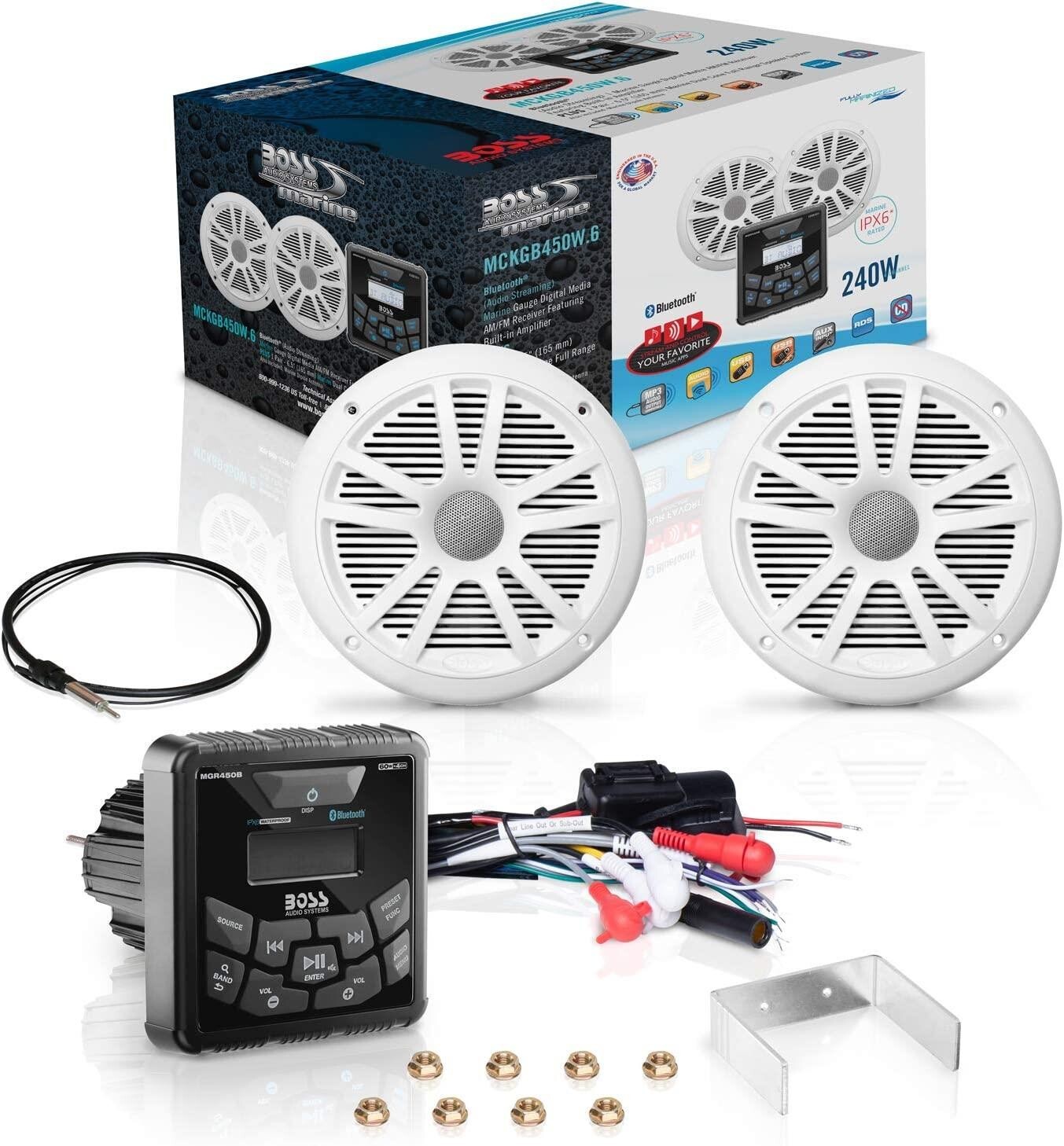 Boss Audio MCKGB450W.6 Systems Usb Aux Girişli Bluetoothlu Hoparlörlü Marin Teyp Seti