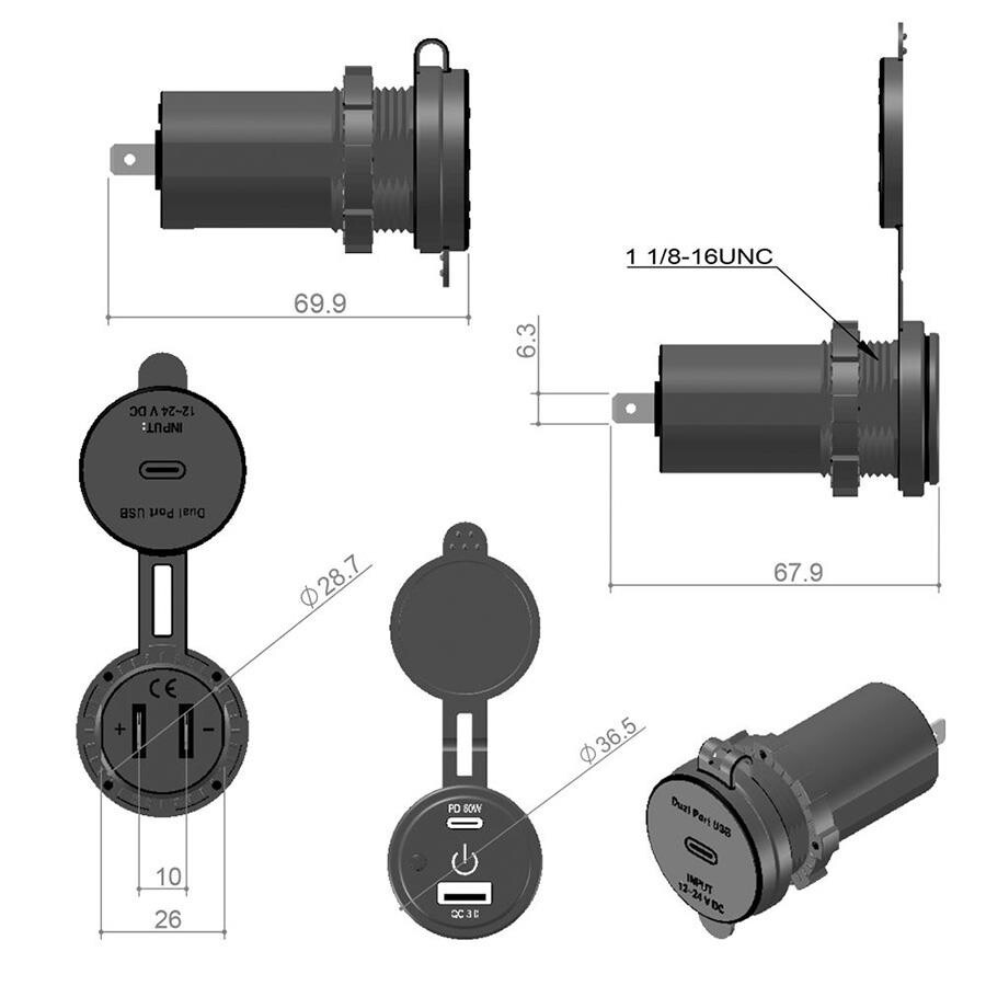 Dokunmatik Switchli USB + Type-C 12-24V Şarj Soketi