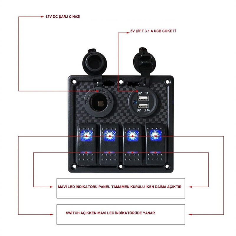 BFY Switch Panel 4'lü. USB + 12V Çakmaklık