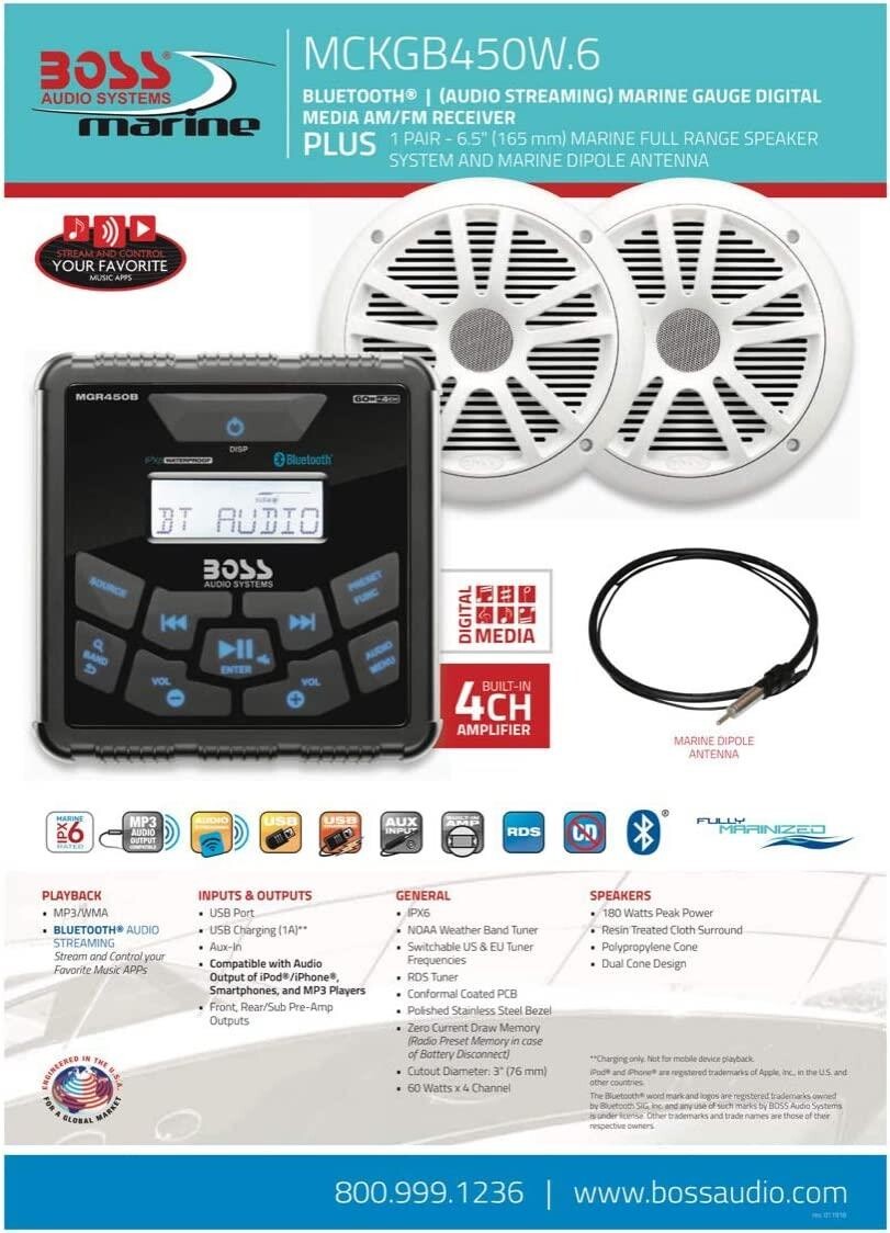 Boss Audio MCKGB450W.6 Systems Usb Aux Girişli Bluetoothlu Hoparlörlü Marin Teyp Seti