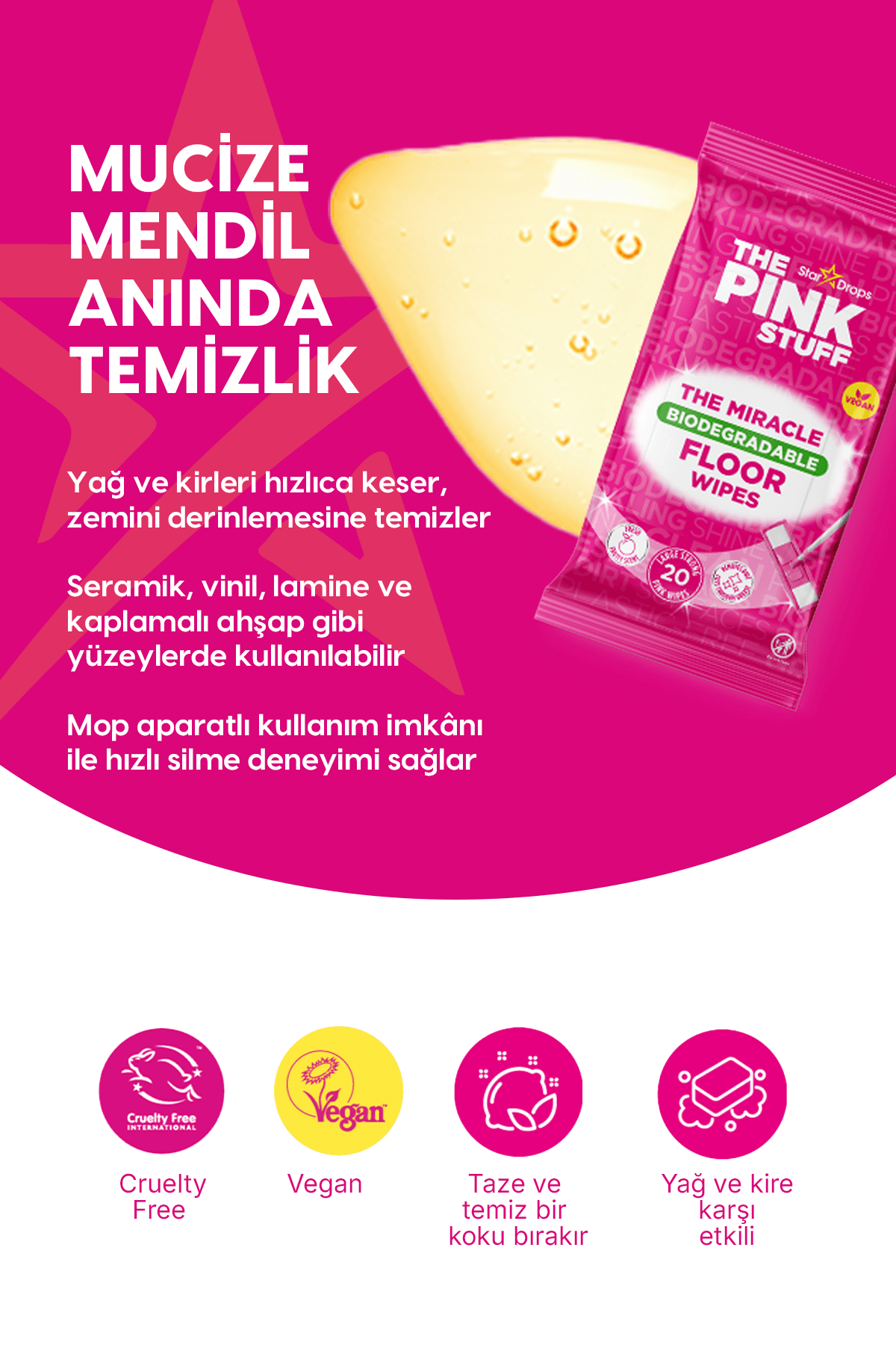 Biyolojik Parçalanabilirli Çok Amaçlı Zemin Temizleme Mendilleri /20'li Pembe Mendil