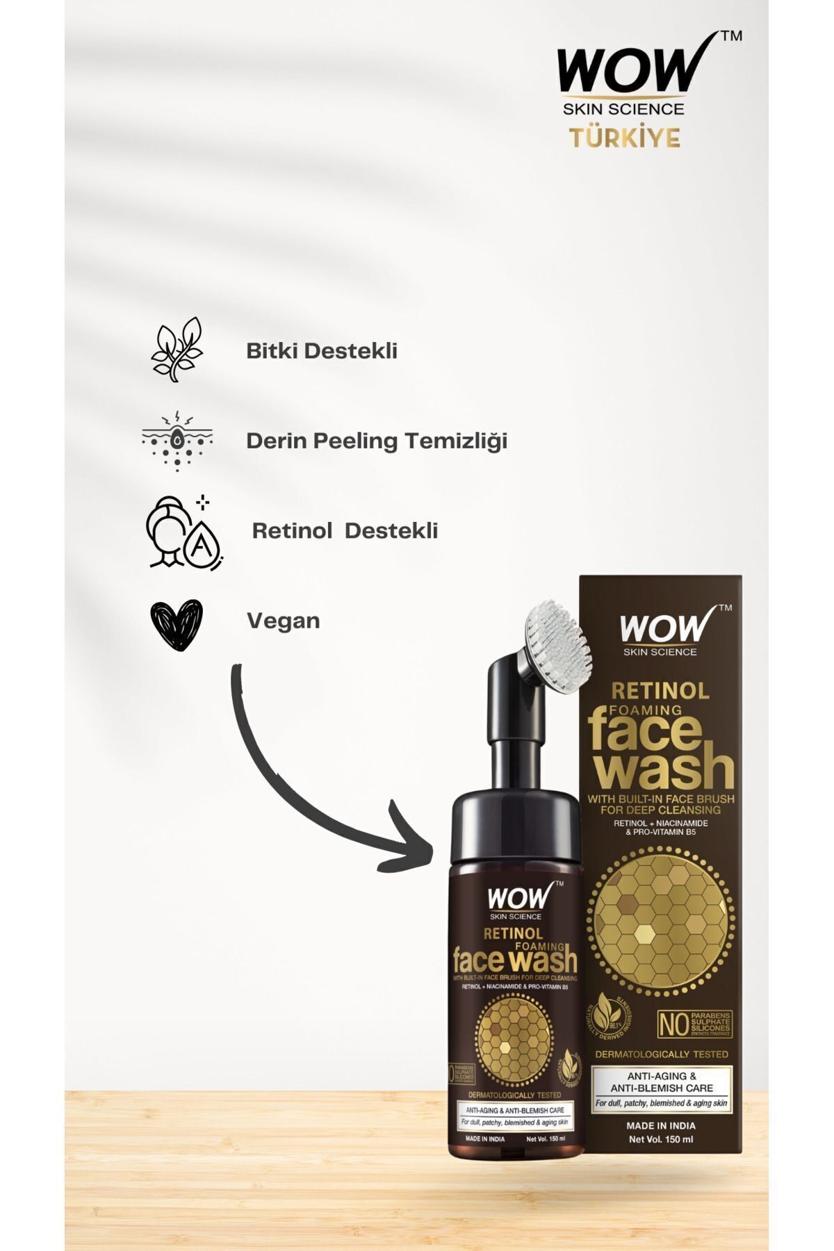 Retinol Yüz Temizleme Köpüğü&Dahili Fırça-İnce Çizgiler,Lekeler-Bakım %98,1 DOĞAL İÇERİK-Vegan-150ml