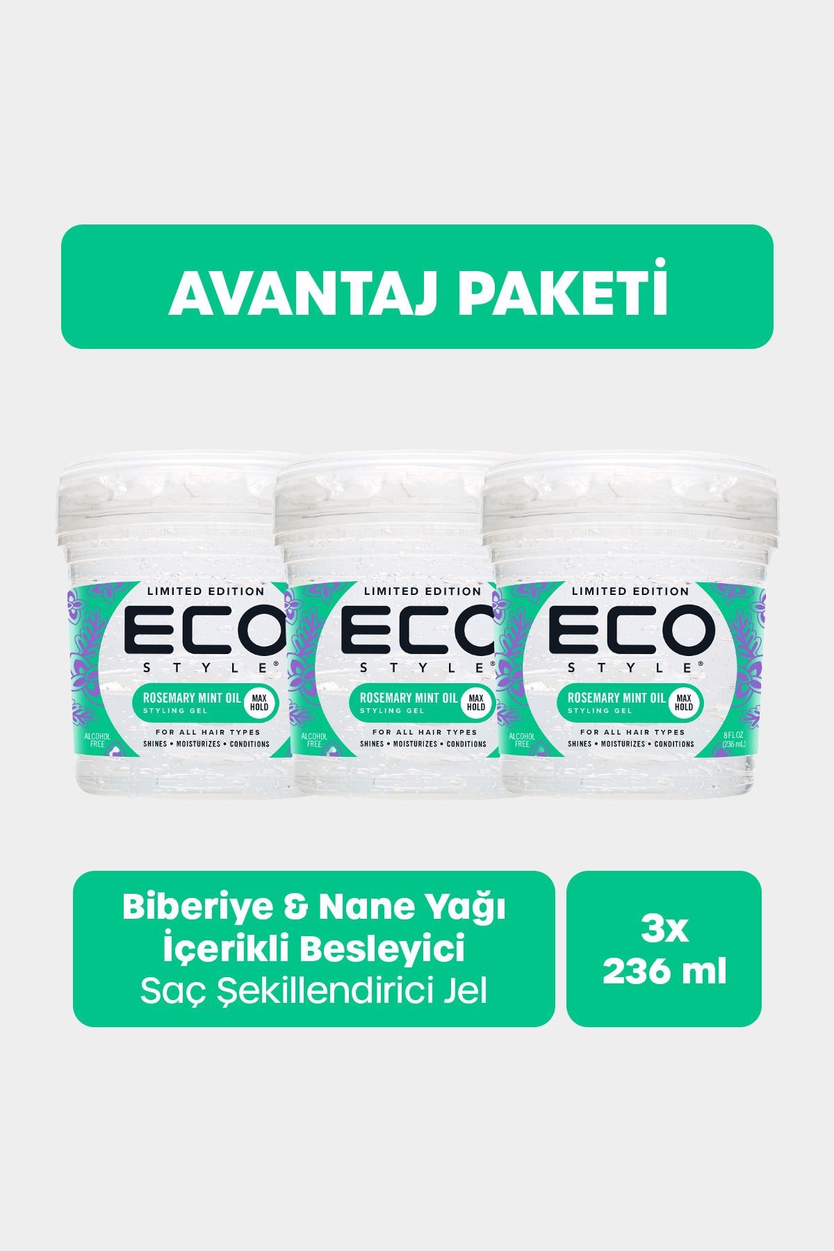 Biberiye ve Nane Yağı Maksimum Tutuş Saç Jölesi 3x236 Ml Rosemary Mint Oil Styling Gel