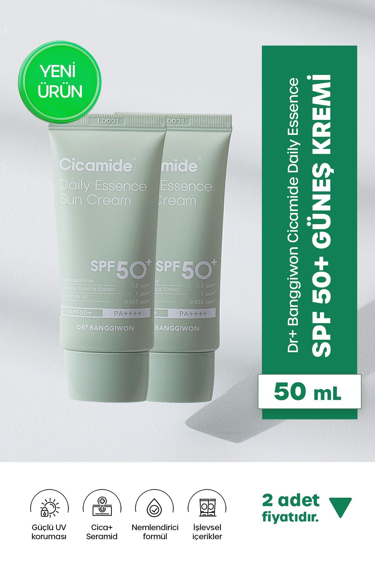 Güneş Kremi Cicamide Centella Asiatica, Seramid Onarıcı, SPF 50 PA++++ 2X50Ml