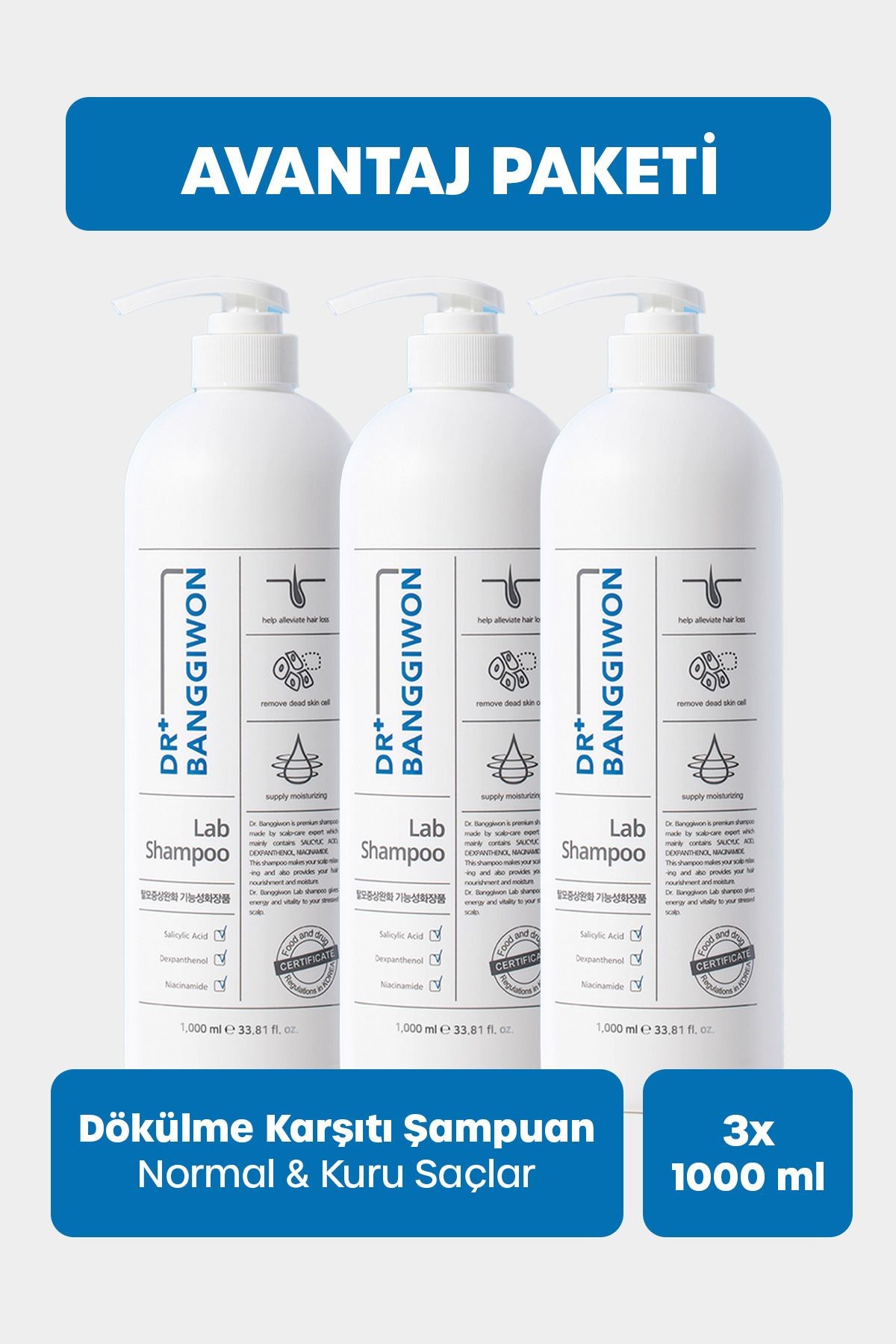 Lab Dökülme Karşıtı Bakım Şampuanı Saç Uzamasını Destekleyen 17 Tip Amino Asit 3x1000 Ml