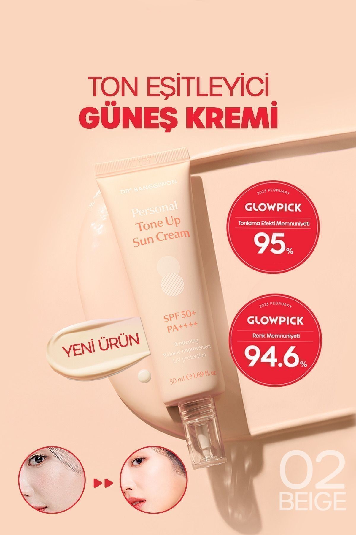 Bej02 Eşitleyici Aydınlatıcı Güneş Kremi 50ml Pürüzsüz Tonlayıcı Tone Up Uv Protection Spf50 Pa
