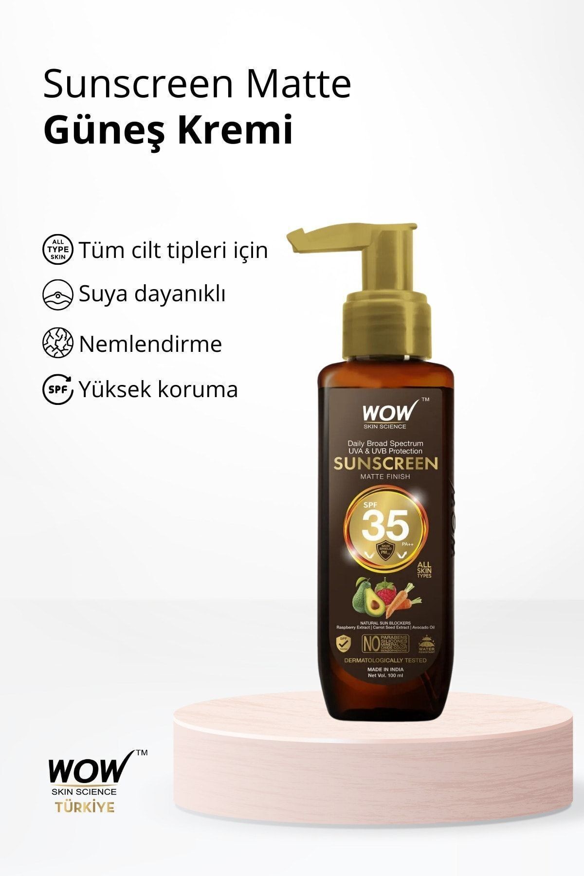Güneş Kremi Su Bazlı Spf 35 Pa++ Yüksek Mat Koruma-(makyaj Altına Uygundur, Su Geçirmez)100ml