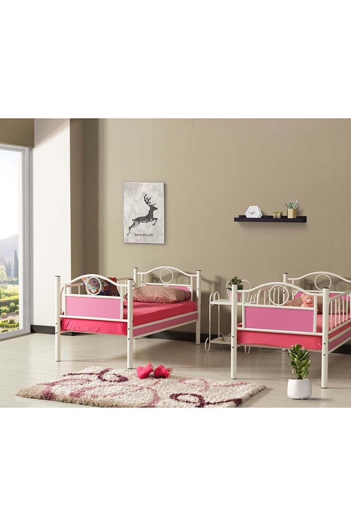 Zümrüt - Bebek Çocuk Odası - Ahşap Başlık - Metal Ranza Ve Karyola - 70x130 - Beyaz/Pembe - AKS Viva