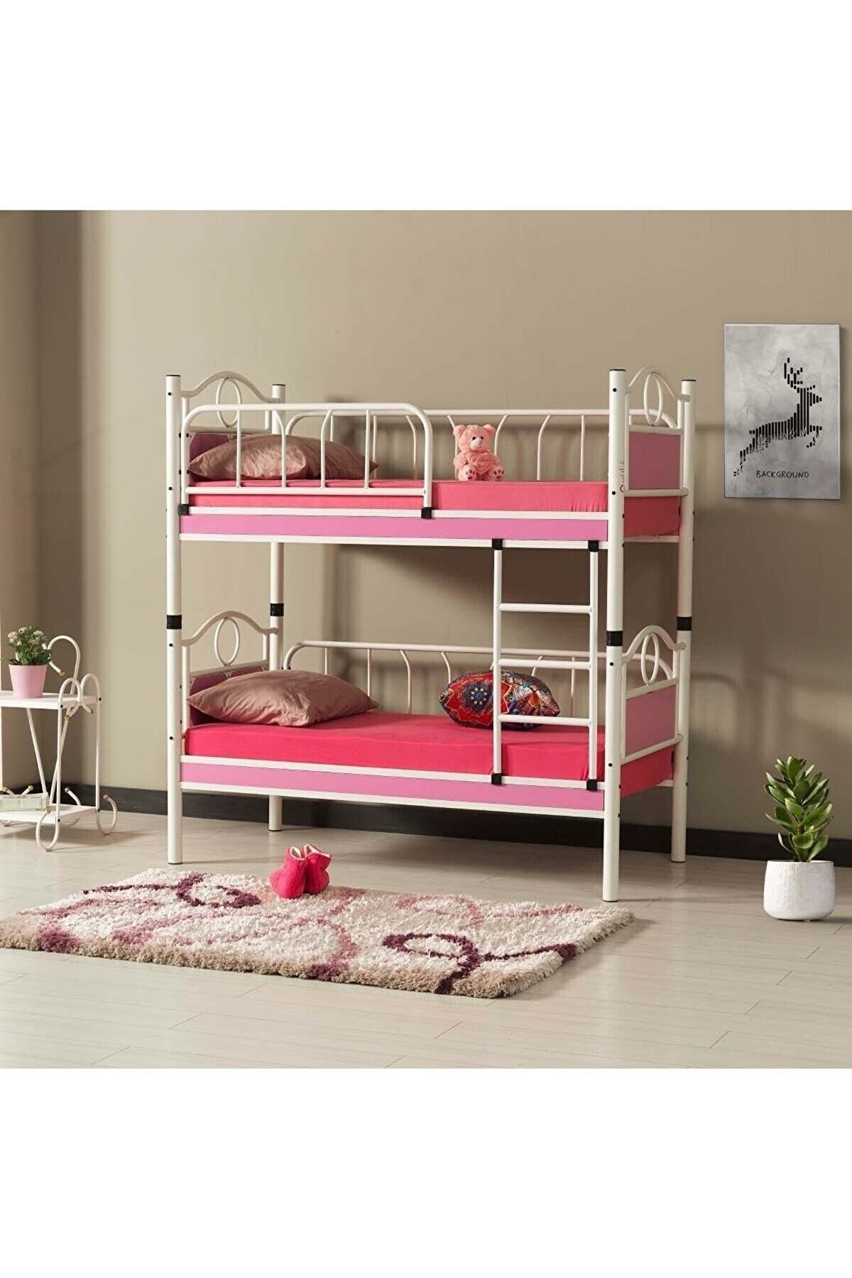 Zümrüt - Bebek Çocuk Odası - Ahşap Başlık - Metal Ranza Ve Karyola - 80x160 - Beyaz/Pembe - AKS Viva