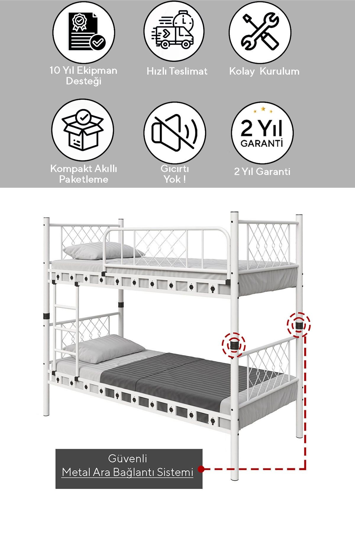 Linda - Yurt/Apart/Otel/Şantiye - Metal Ranza - 90x190 - AKS Viva