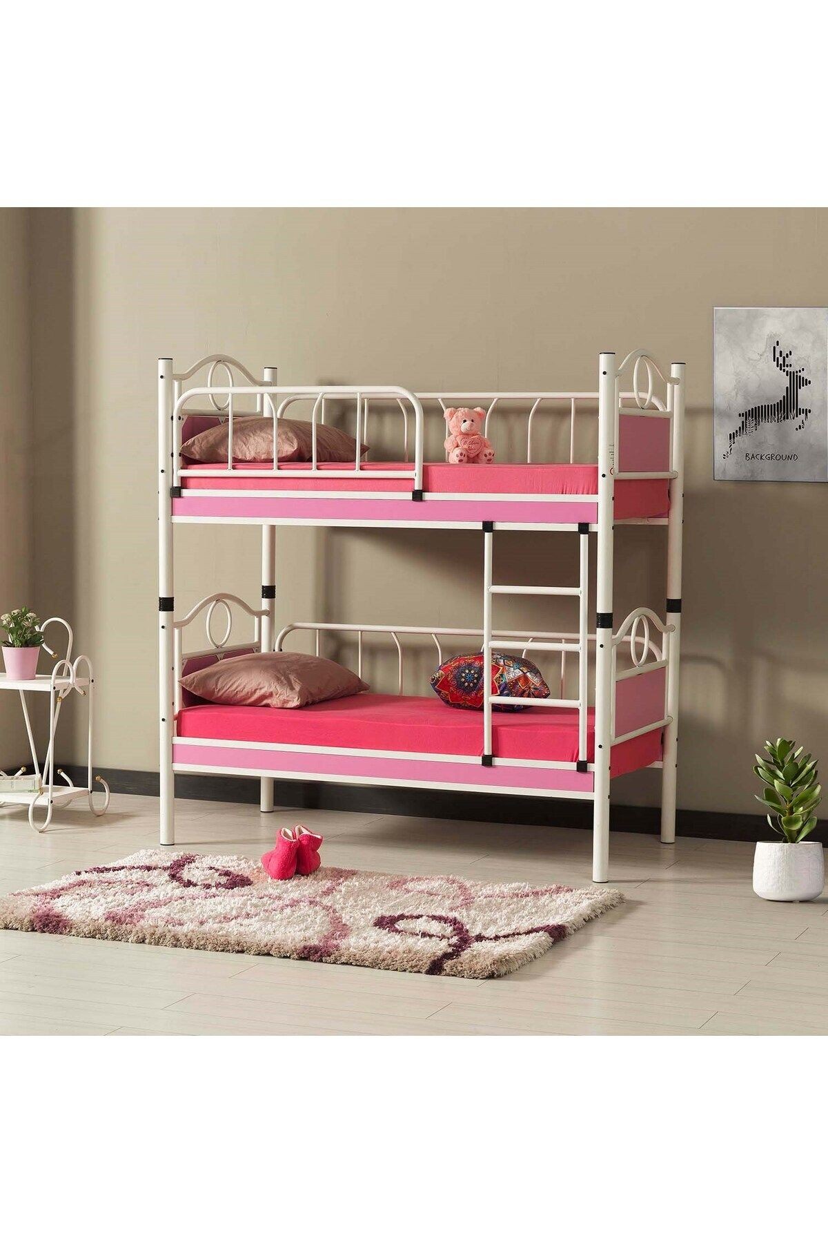 Zümrüt - Bebek Çocuk Odası - Ahşap Başlık - Metal Ranza Ve Karyola - 80x160 - Beyaz/Pembe - AKS Viva