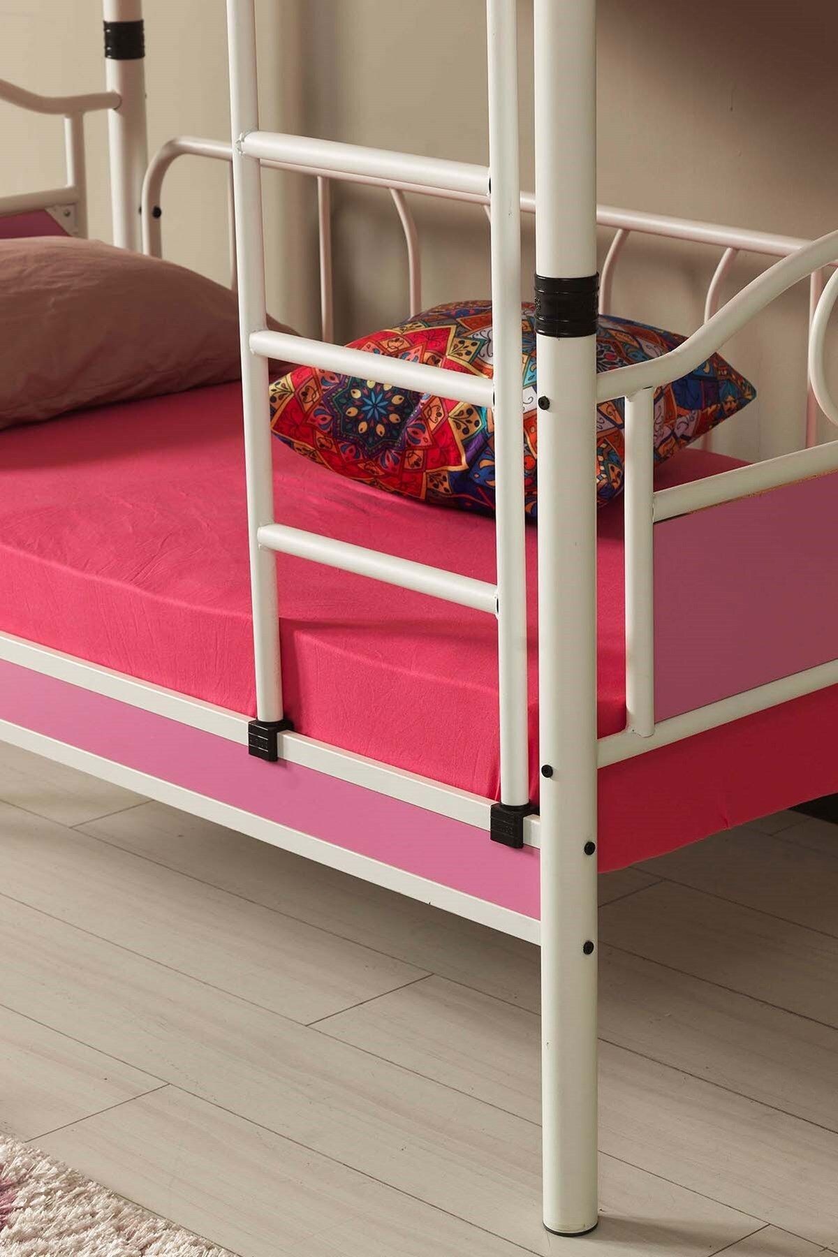 Zümrüt - Bebek Çocuk Odası - Ahşap Başlık - Metal Ranza Ve Karyola - 70x130 - Beyaz/Pembe - AKS Viva