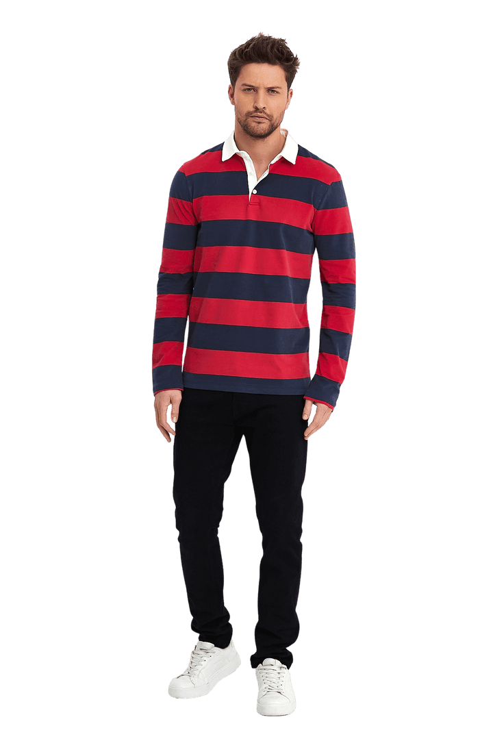 Oxford Model Çizgili Polo Yaka Erkek Uzun Kol Sweatshirt