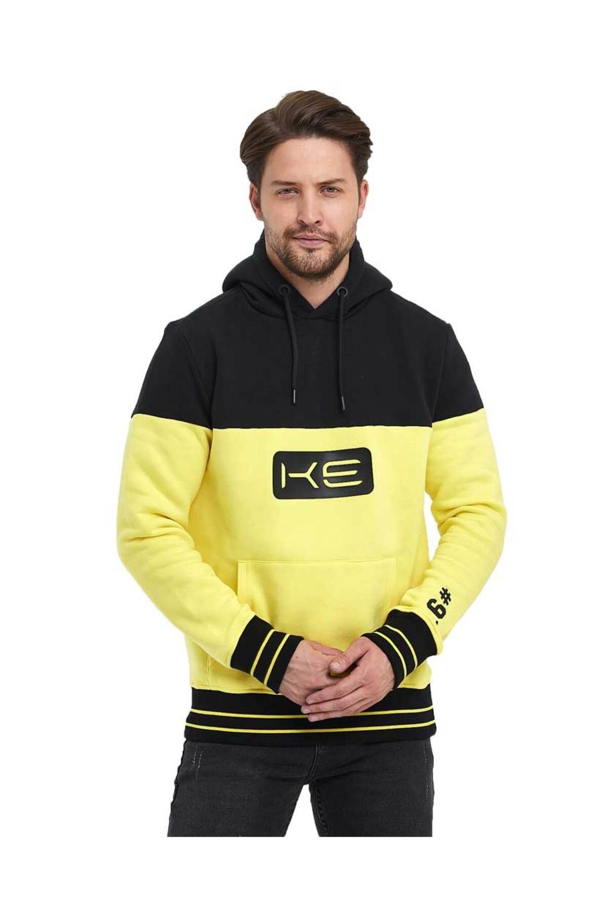 Sarı/Siyah Kapüşonlu 3 İplik Baskılı Kanguru Cepli Sweatshirt