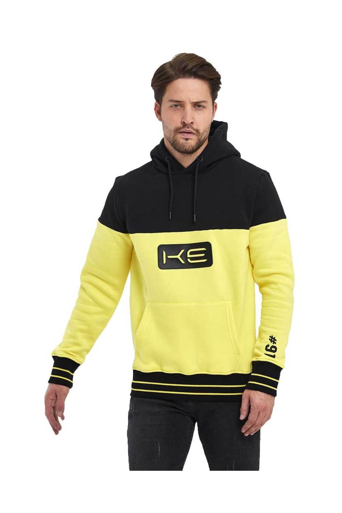 Sarı/Siyah Kapüşonlu 3 İplik Baskılı Kanguru Cepli Sweatshirt