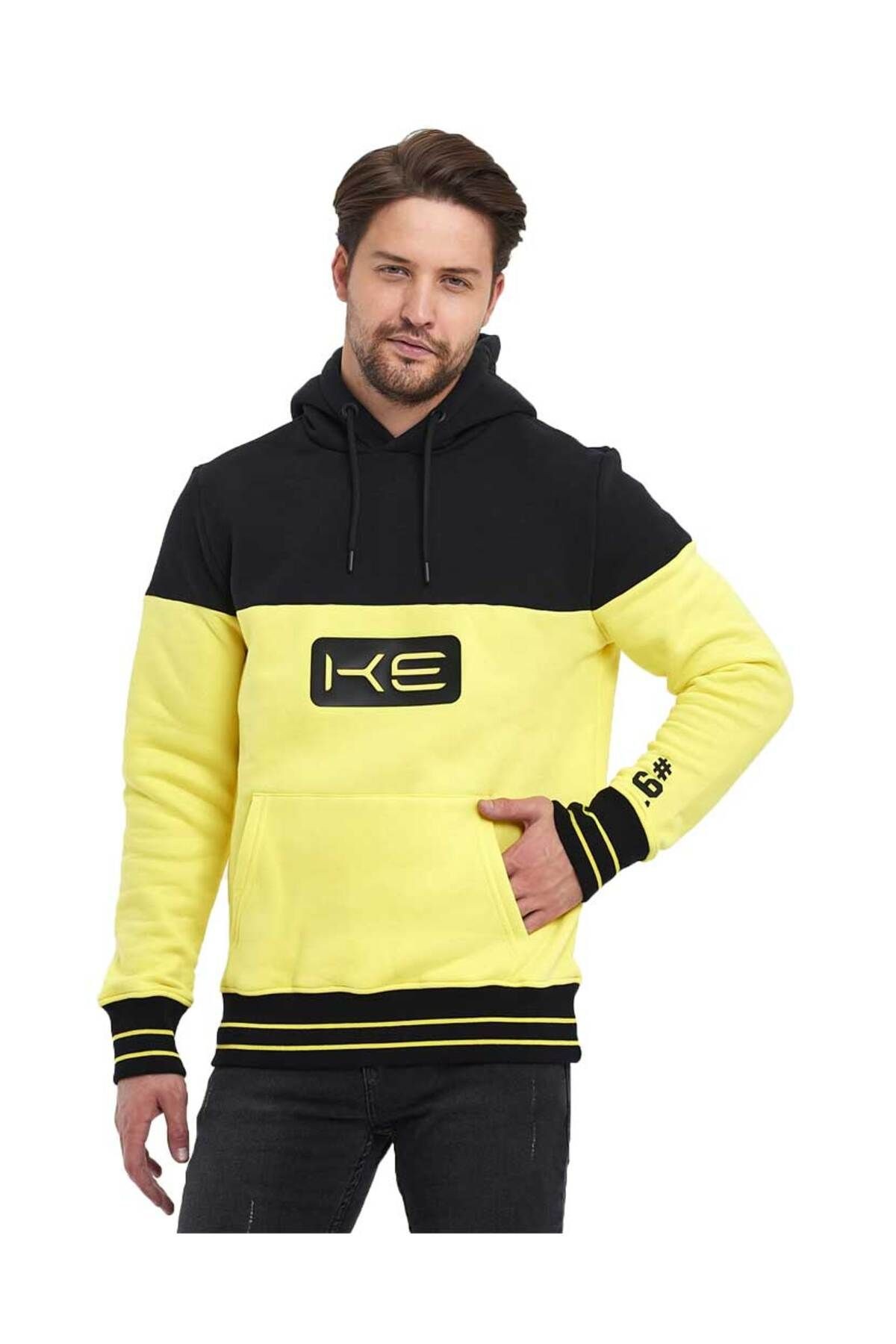 Sarı/Siyah Kapüşonlu 3 İplik Baskılı Kanguru Cepli Sweatshirt