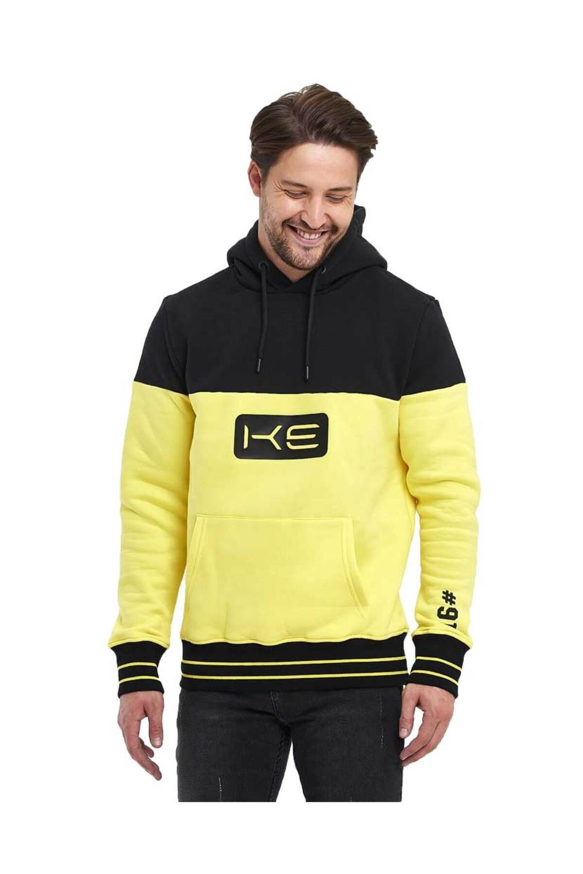 Sarı/Siyah Kapüşonlu 3 İplik Baskılı Kanguru Cepli Sweatshirt