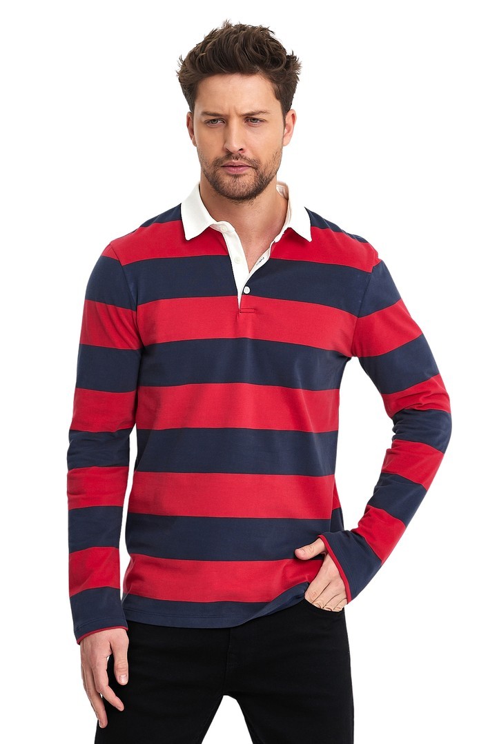 Oxford Model Çizgili Polo Yaka Erkek Uzun Kol Sweatshirt