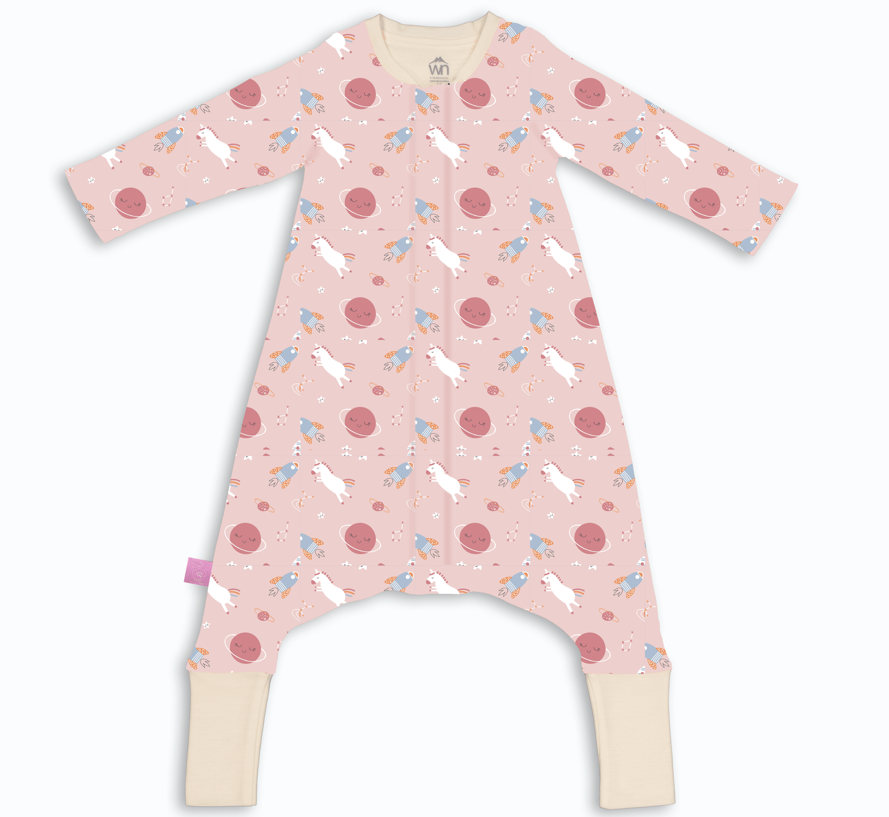 Merino Yün Pink Planet Temalı Çift Katlı Uzun Kollu Çocuk Uyku Tulumu