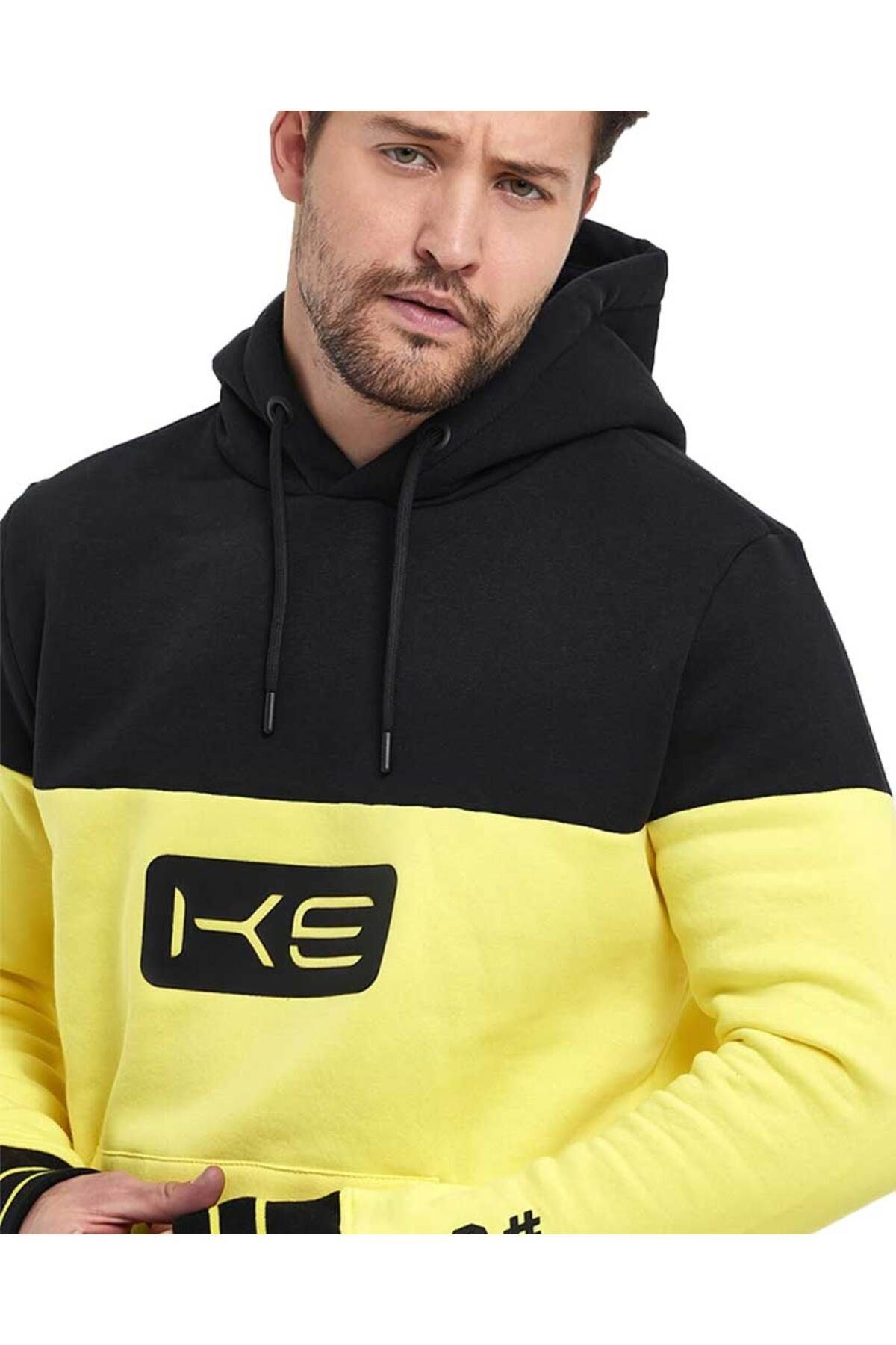 Sarı/Siyah Kapüşonlu 3 İplik Baskılı Kanguru Cepli Sweatshirt