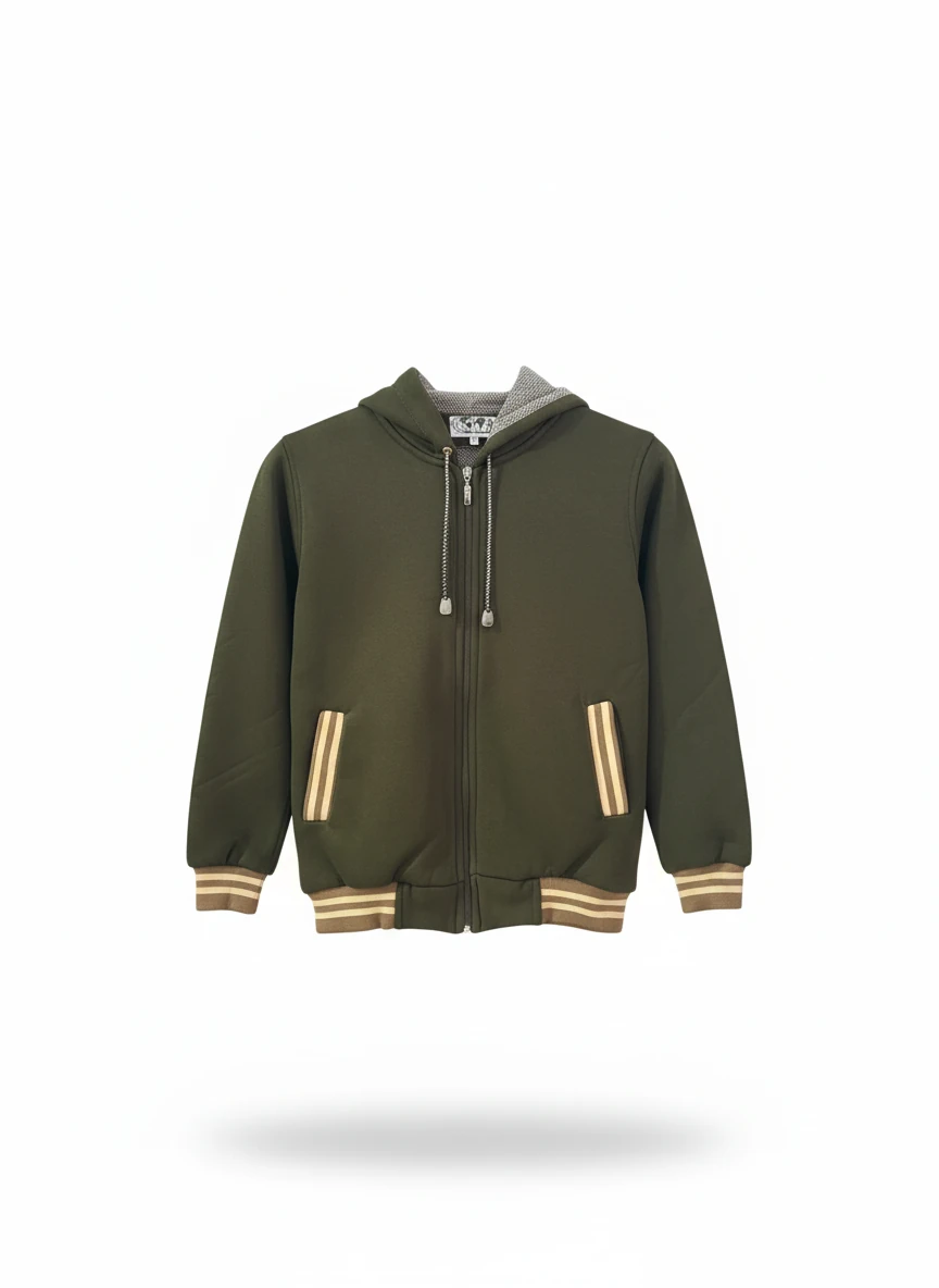 Haki Kapşonlu Okul Kolej Montu Fermuarlı – Şerit Detaylı