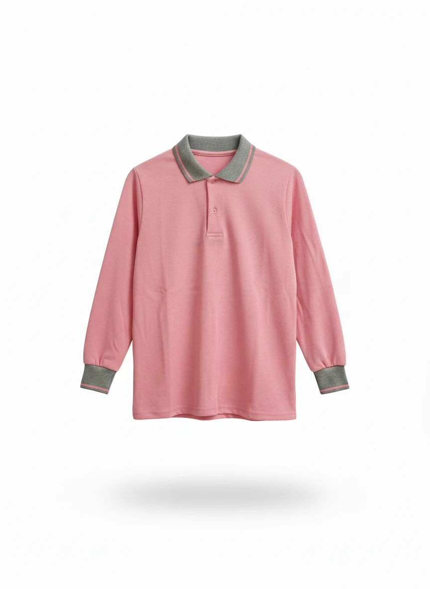 Pembe Uzun Kollu Okul Polo Tişörtü – Gri Şeritli