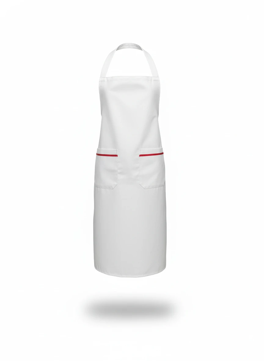 Beyaz Kırmızı Biyeli Bağlamalı Önlük – Cepli Kurum ve Mutfak Personeli Modeli