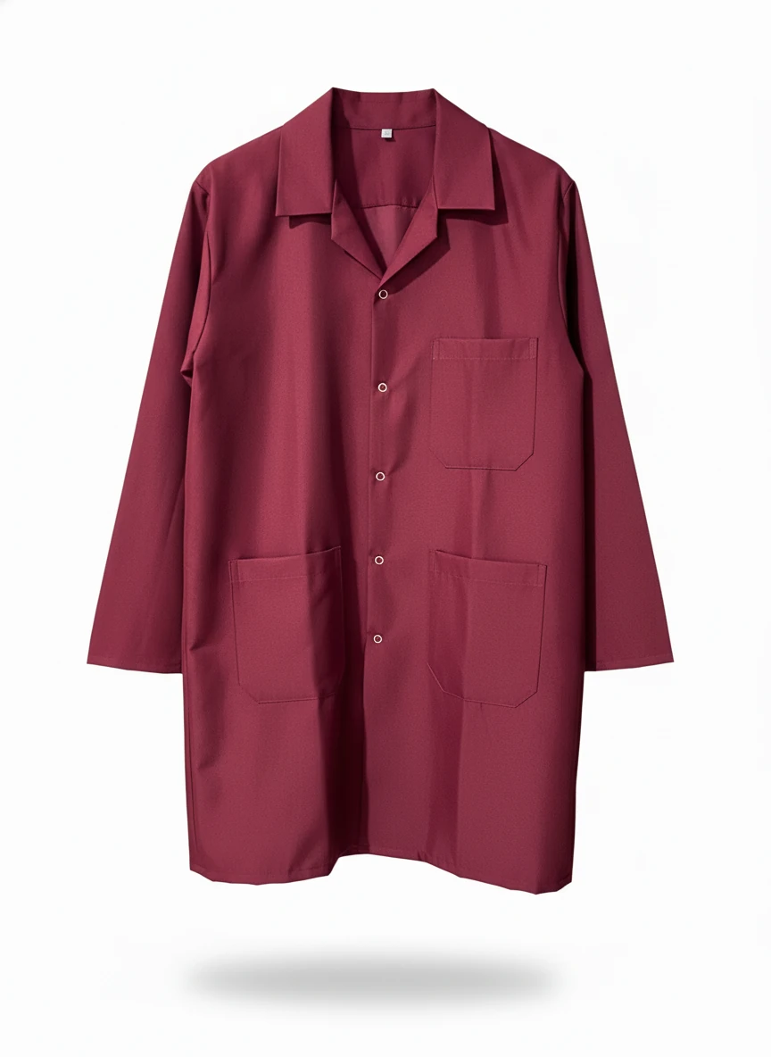 Bordo Uzun Kollu Kurum Personeli Önlüğü – Düğmeli ve Üç Cepli Model