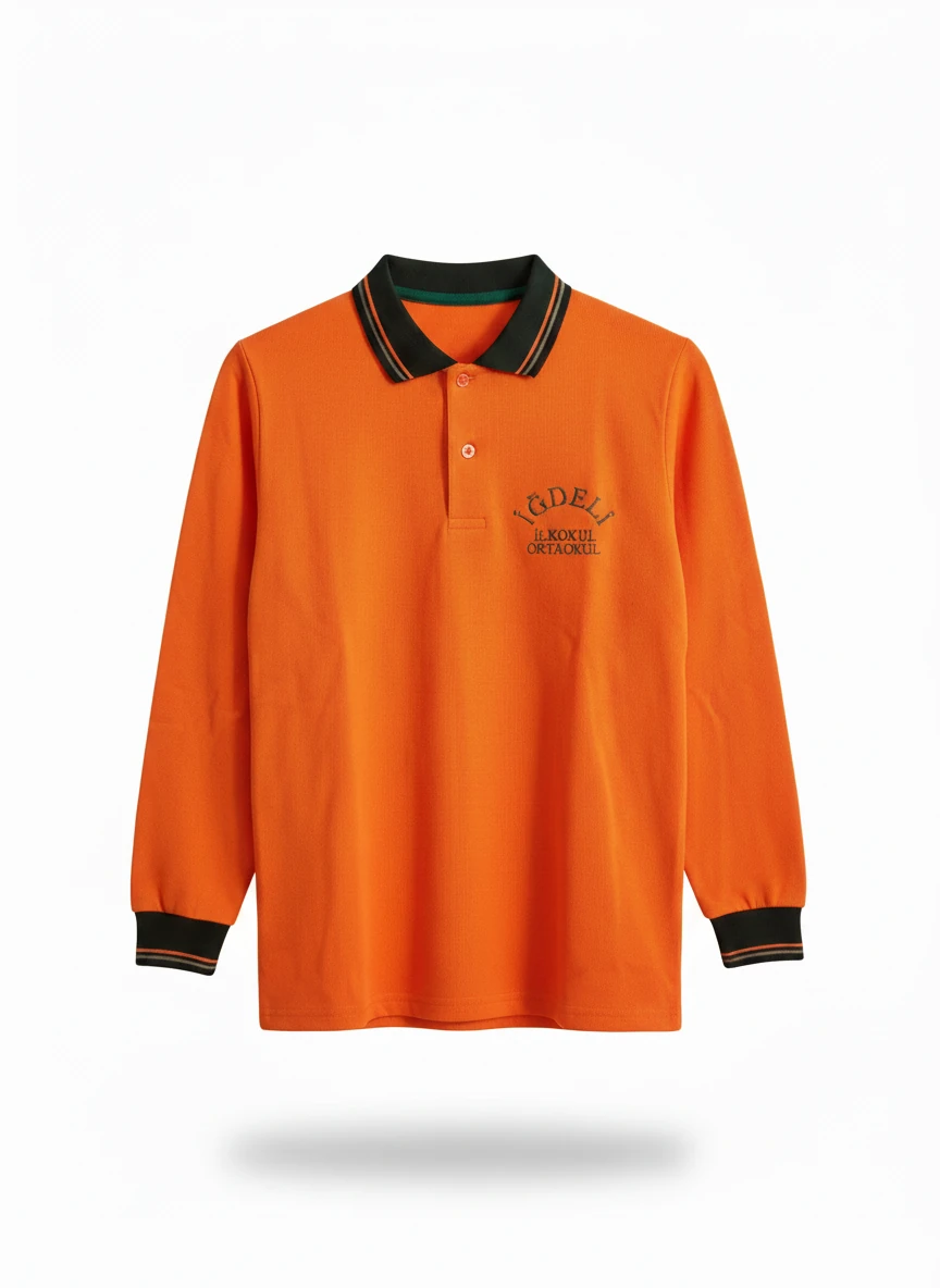 Turuncu Uzun Kollu Lakos Okul Polo Tişörtü – Şerit Detaylı 