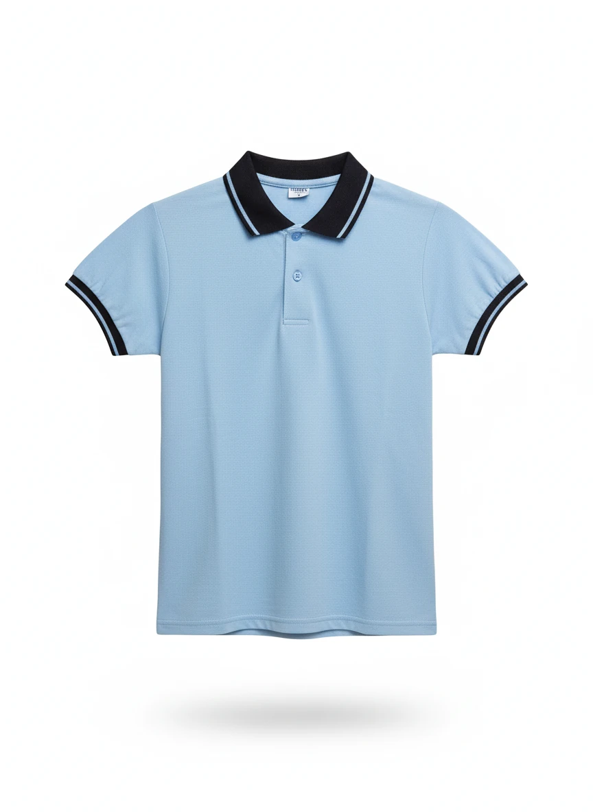 Açık Mavi Kısa Kollu Okul Polo Yaka Tişört – Lacivert Şerit Detaylı