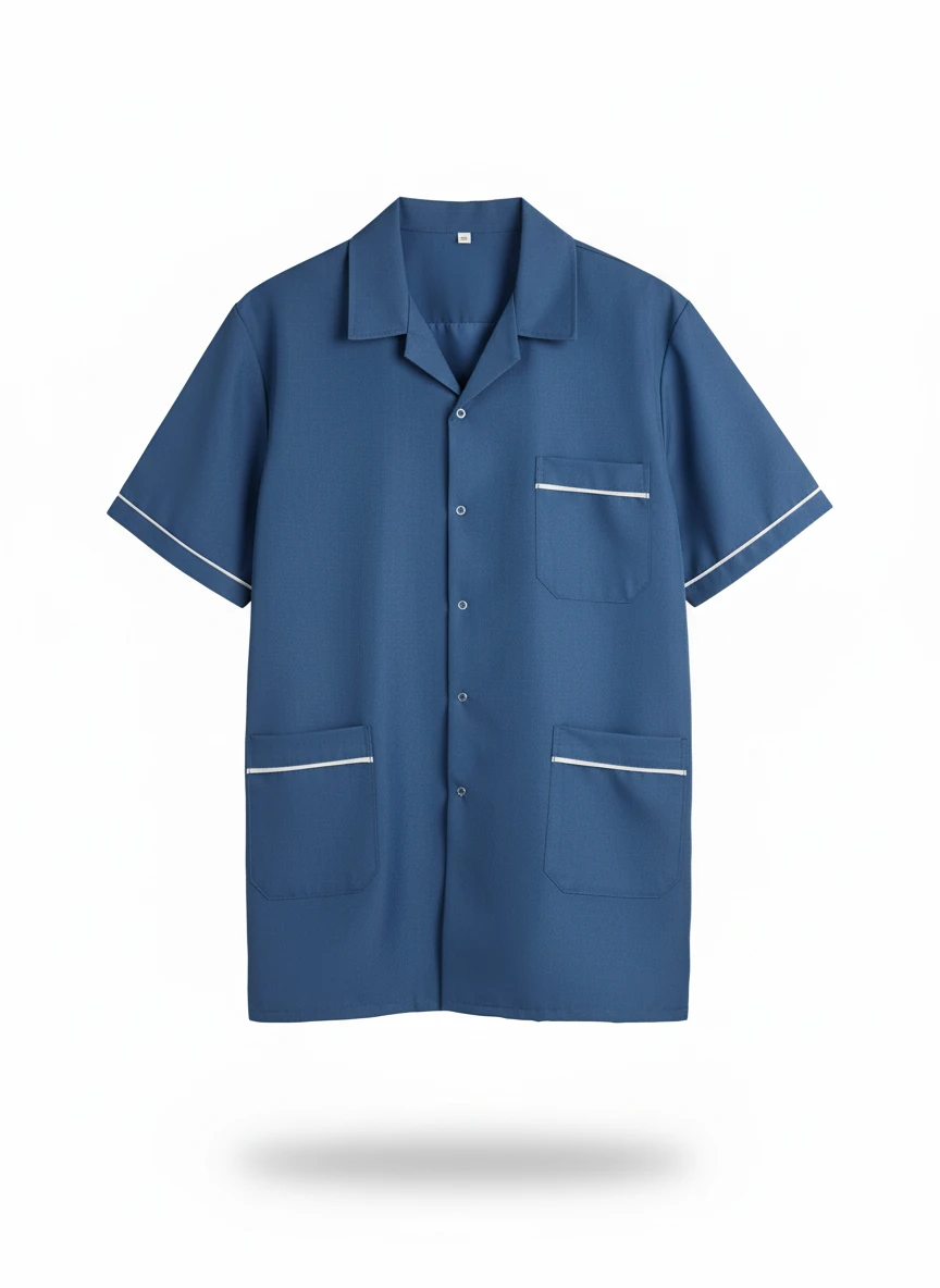 Biyeli Lacivert Kısa Kollu Kurum Personeli Önlüğü – Düğmeli ve Üç Cepli Model