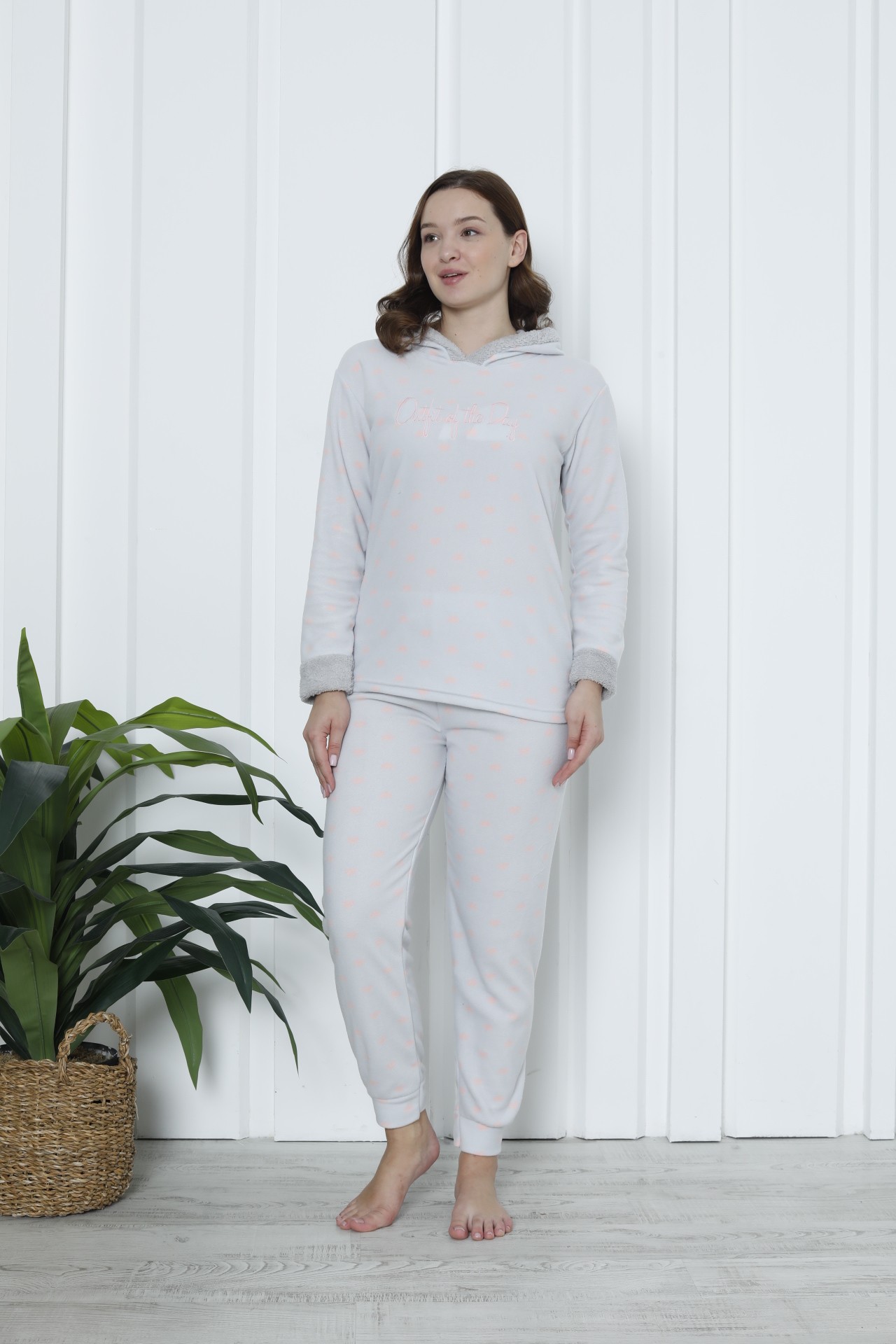 Fawn 3903 Peluş Welsoft Polar Kışlık Kapşonlu Kadın Pijama Takımı - Açık Gri