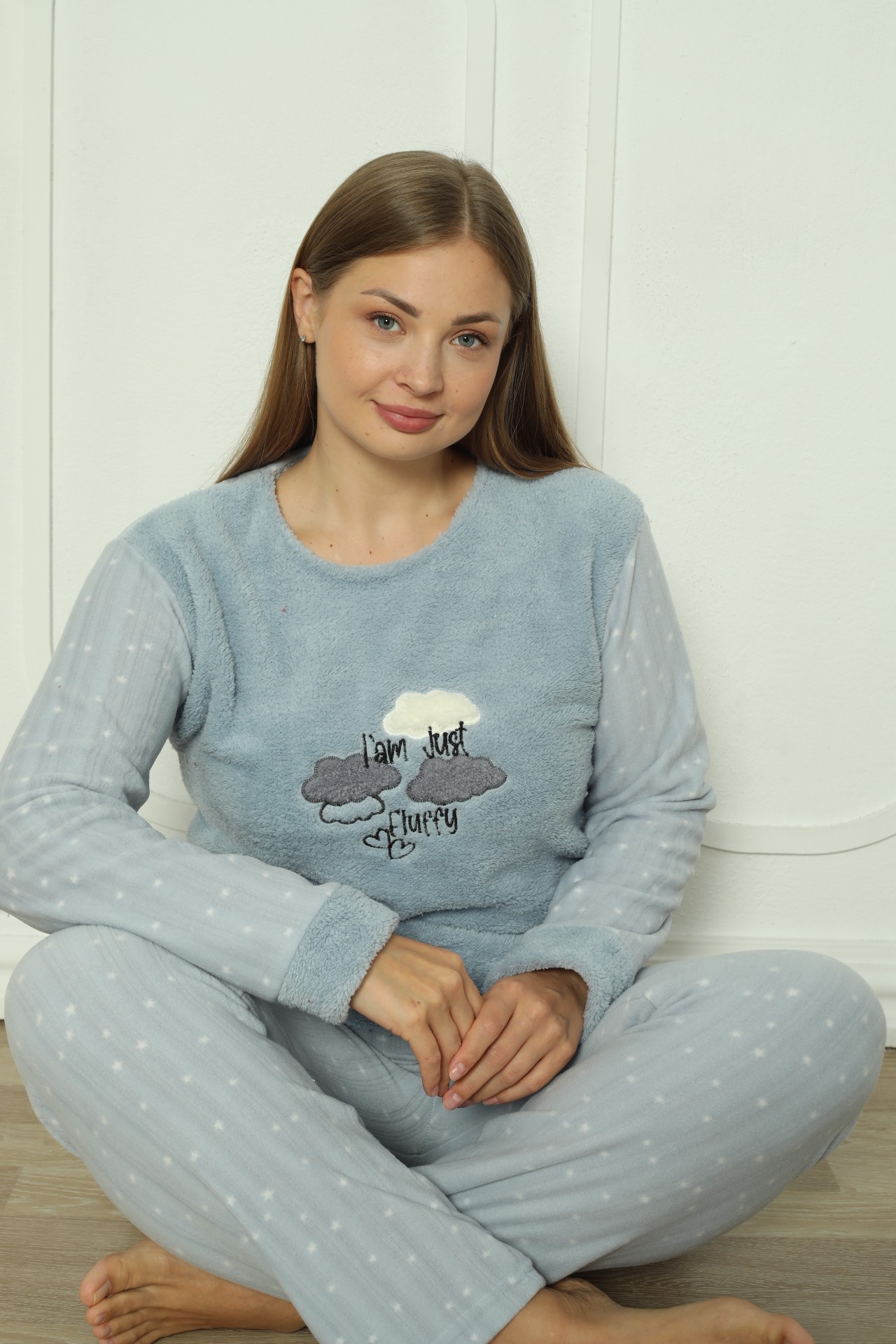 Fawn 3501 Peluş Welsoft Polar Kışlık Bulut Desenli Büyük Beden Kadın Pijama Takımı - Mavi
