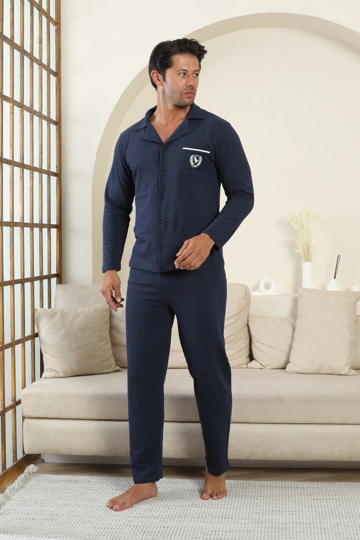 Falkom 7000 Boydan Düğmeli Kışlık İki İplik Kalın Kumaş Erkek Ev Pijama Takımı