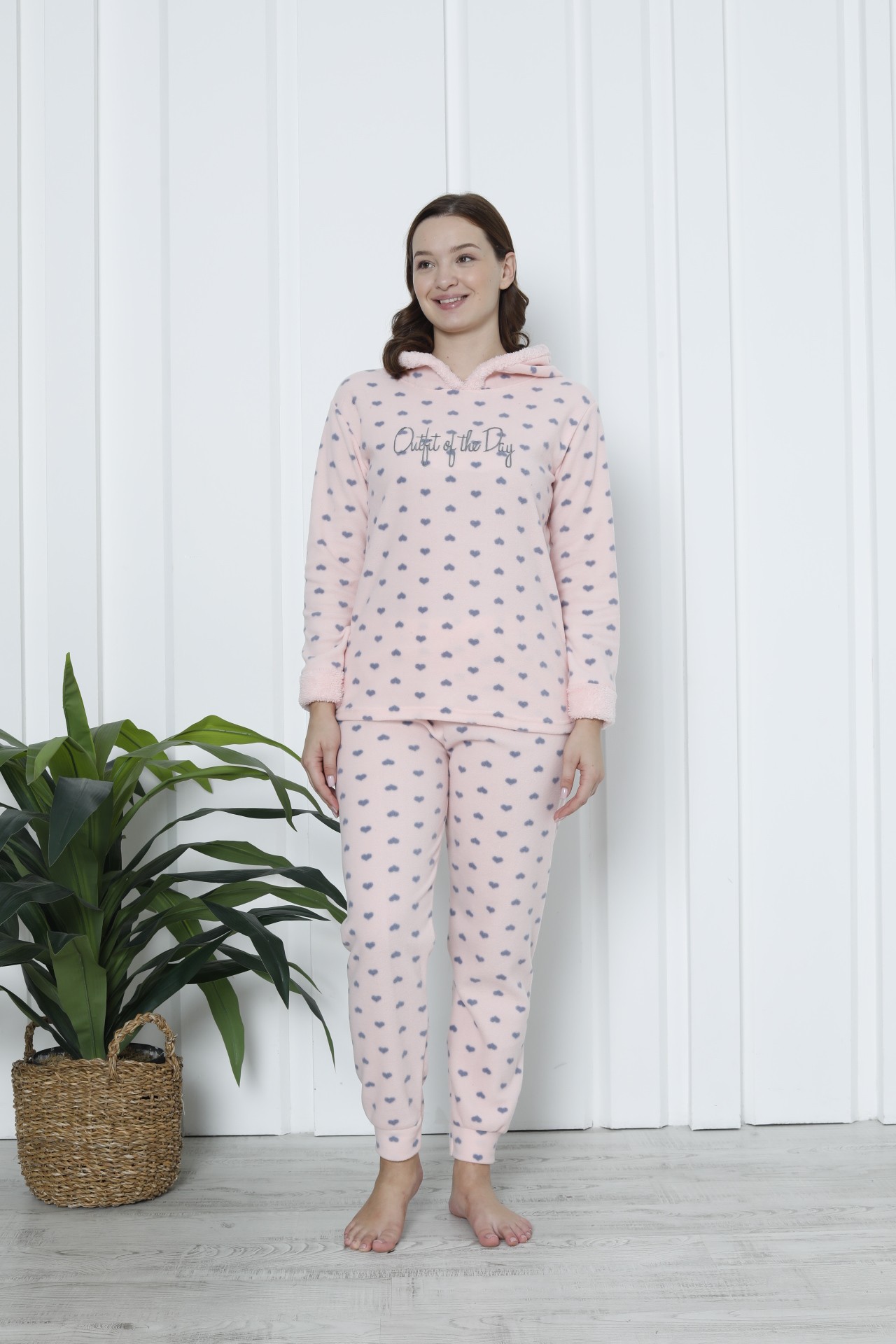 Fawn 3903 Peluş Welsoft Polar Kışlık Kapşonlu Kadın Pijama Takımı - Soft Pembe