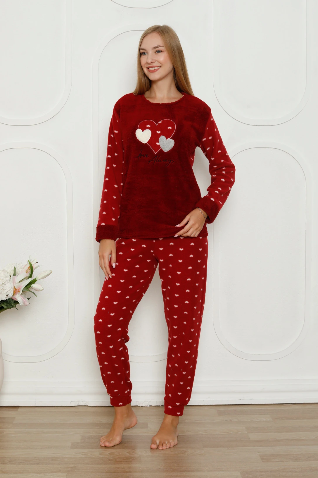 Fawn 3316 Peluş Welsoft Polar Kışlık Yumoş Kalpli Kadın Pijama Takımı
