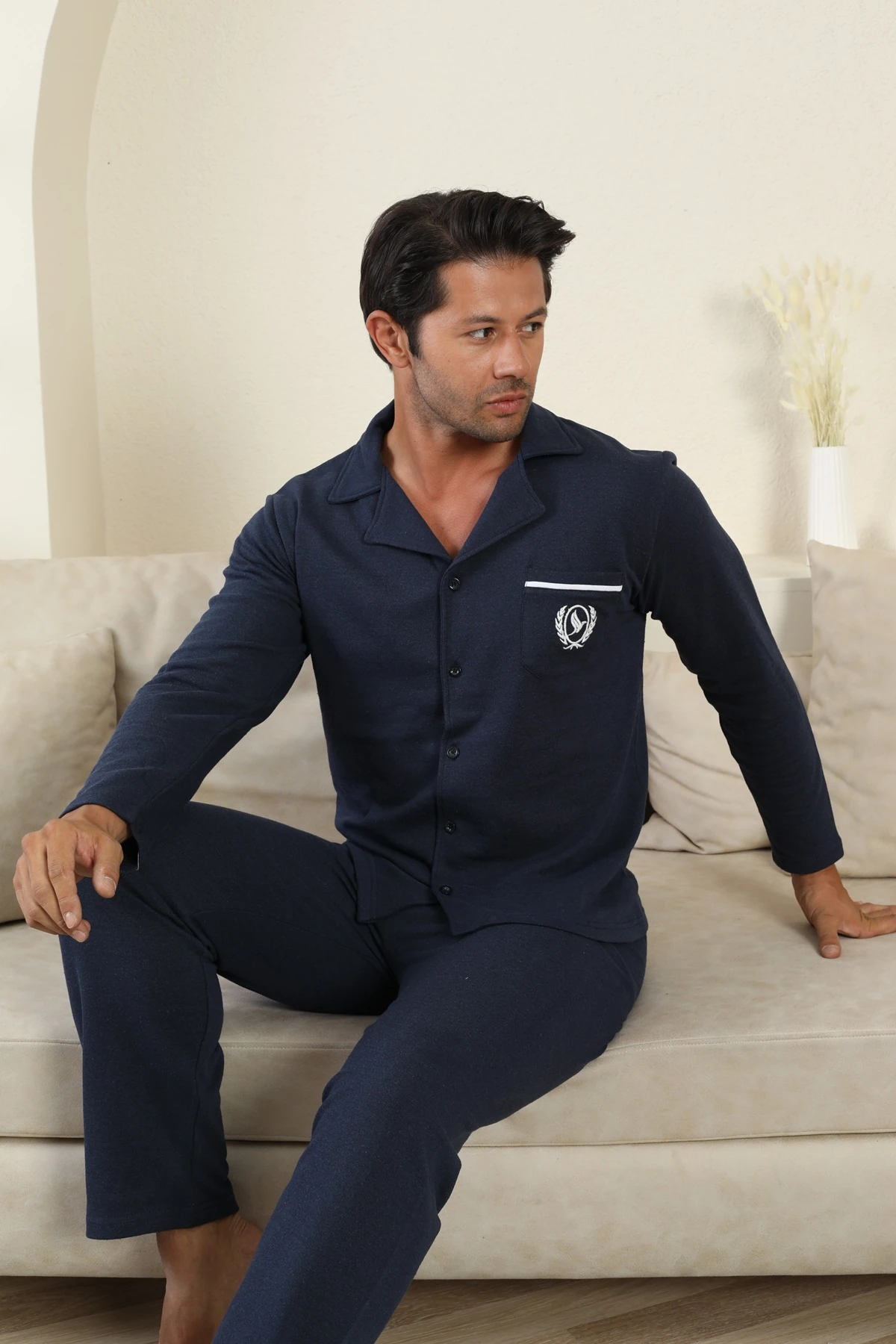 Falkom 7000 Boydan Düğmeli Kışlık İki İplik Kalın Kumaş Erkek Ev Pijama Takımı