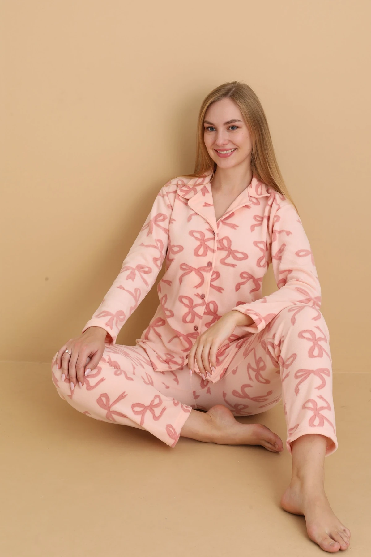 Fawn 1608 Boydan Düğmeli Polar Kumaşlı Kışlık Kadın Pijama Takımı