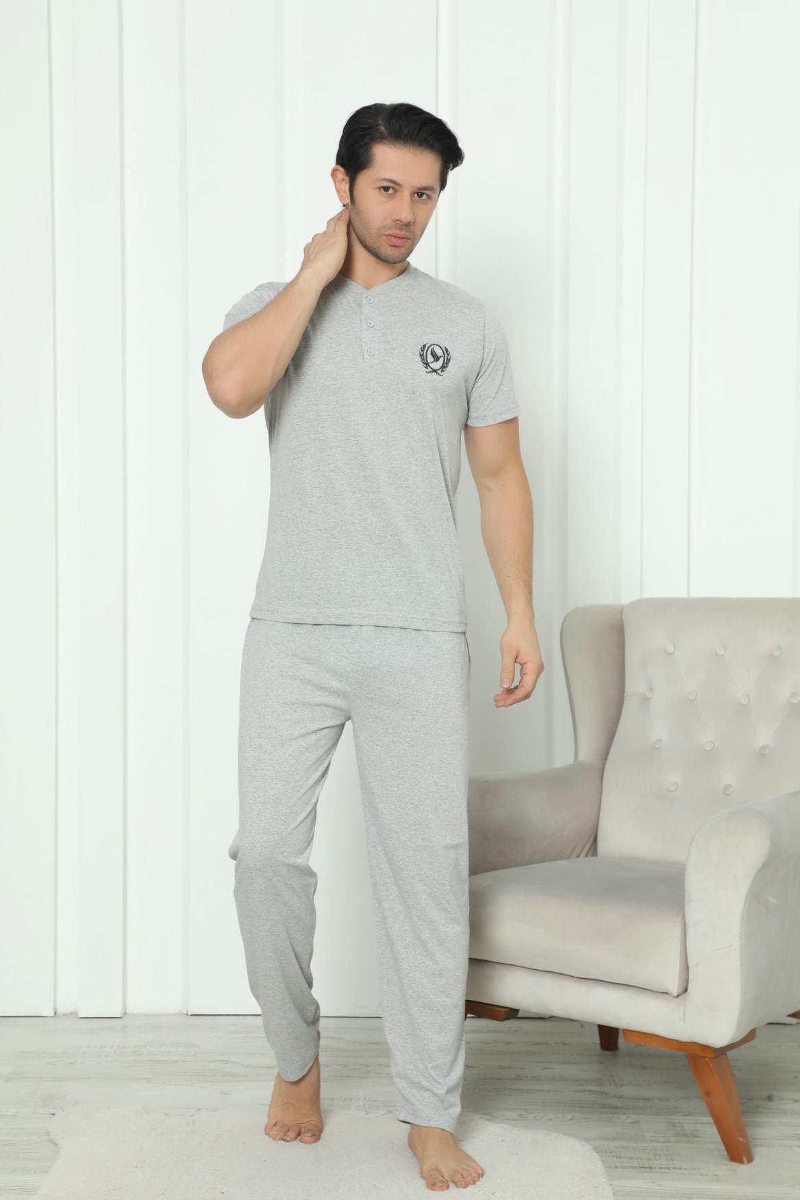 Falkom 8101 Penye Erkek Süprem Yazlık Kısa Kollu Pijama Takımı - Gri