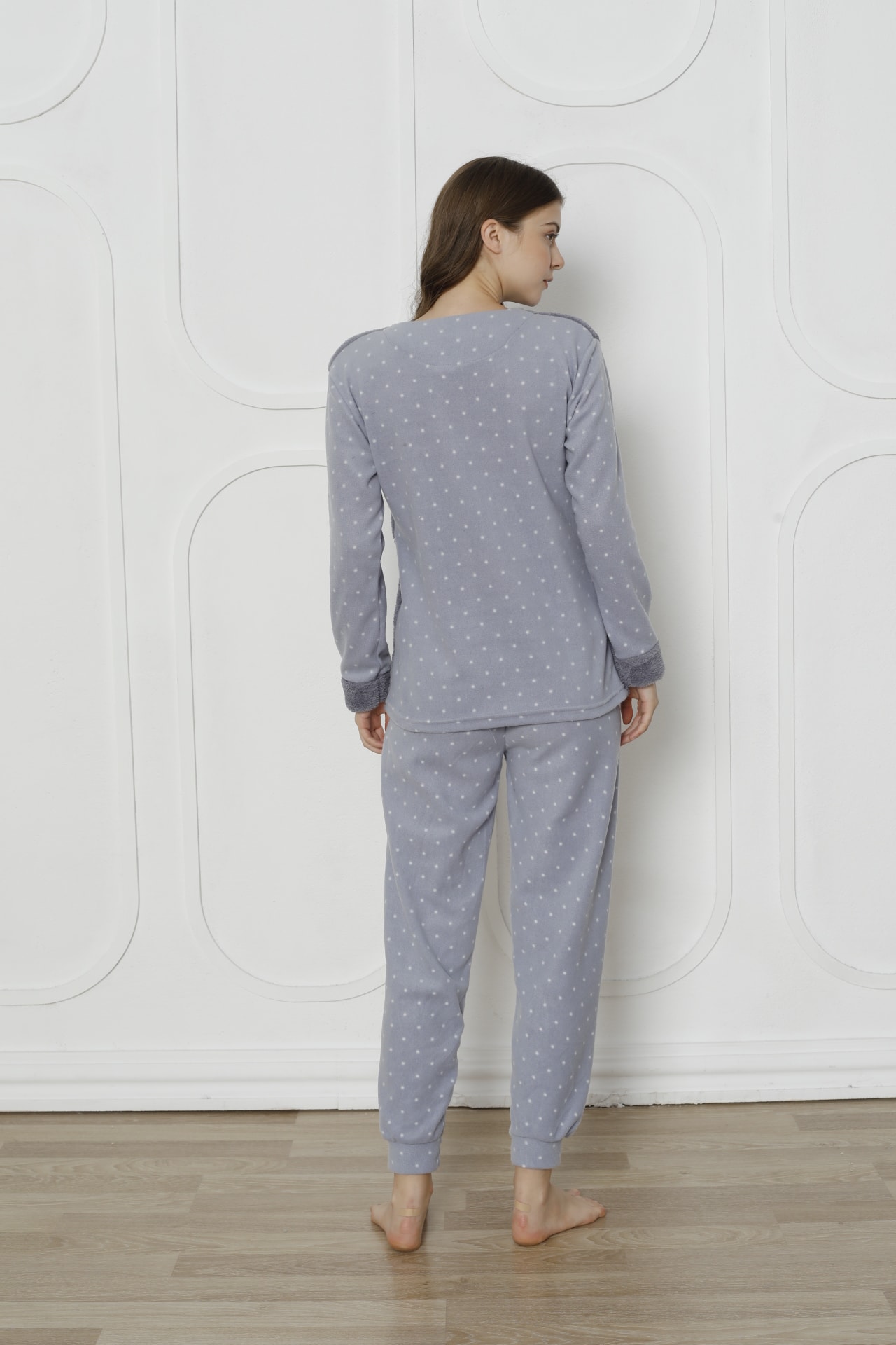 Fawn 3011 Peluş Welsoft Polar Kışlık Kadın Ev Kedi İşlemli Pijama Takımı
