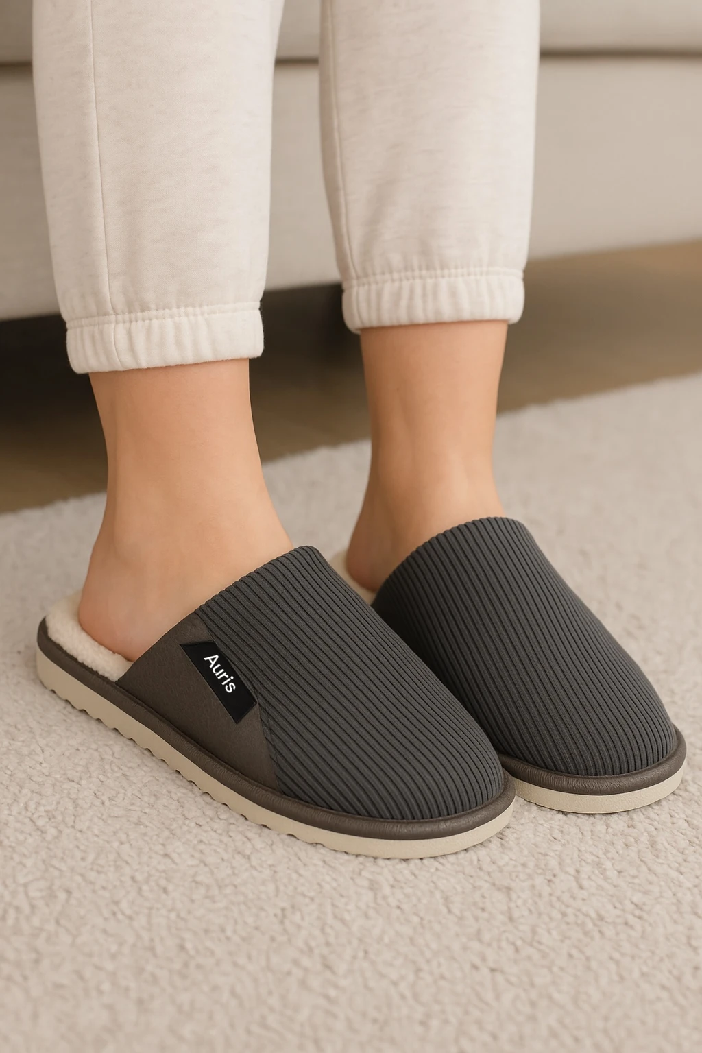 Auris 060 Unisex Kadife Kumaş İçi Kürklü Kışlık Ev Terliği